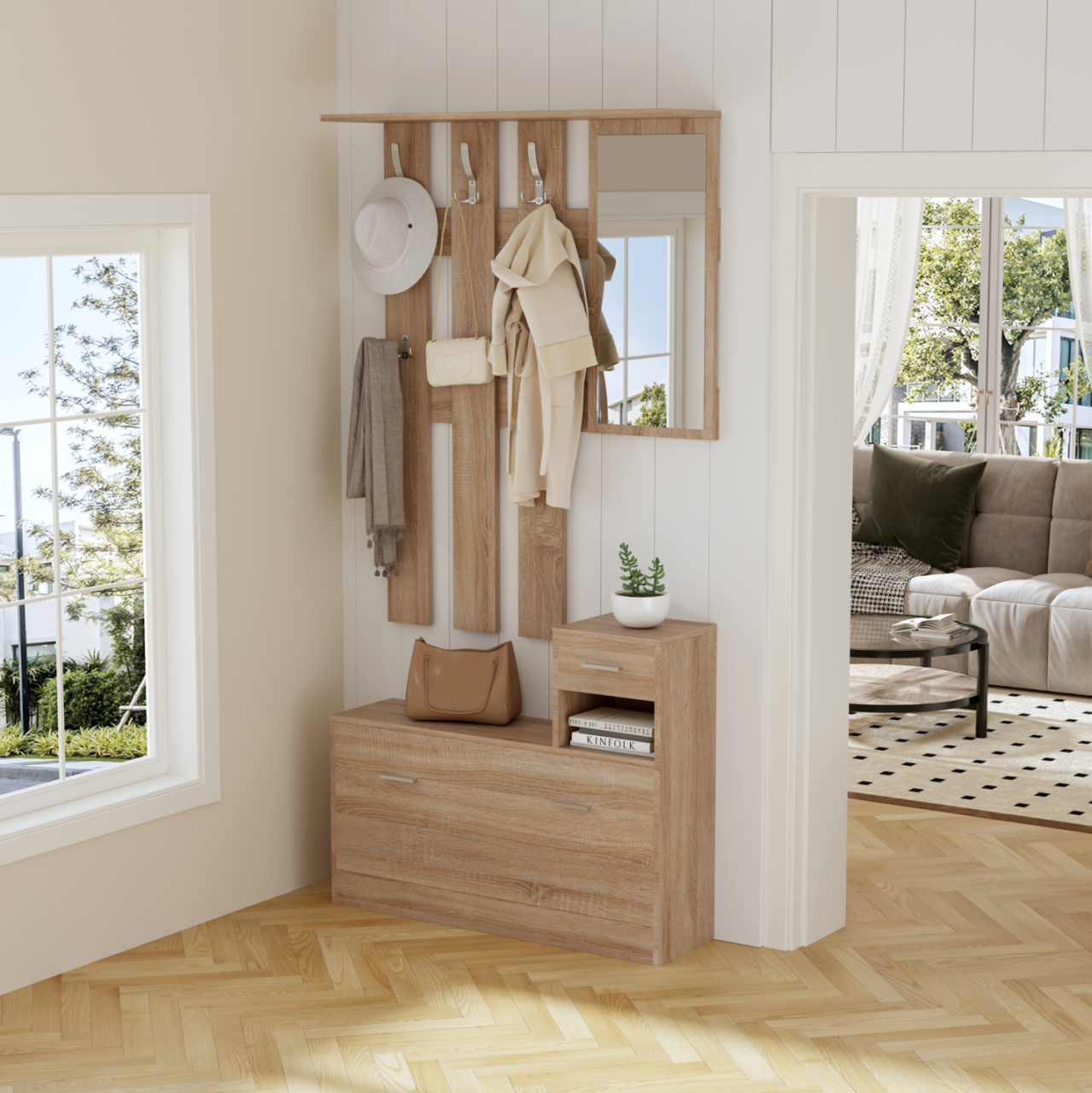 ENTRYWAY SET WITH MIRROR GORN HM2473.01 MELAMINE IN SONAMA 90x24x190Hcm. [3]