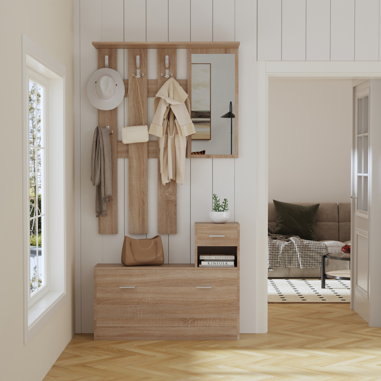 ENTRYWAY SET WITH MIRROR GORN HM2473.01 MELAMINE IN SONAMA 90x24x190Hcm. [5]
