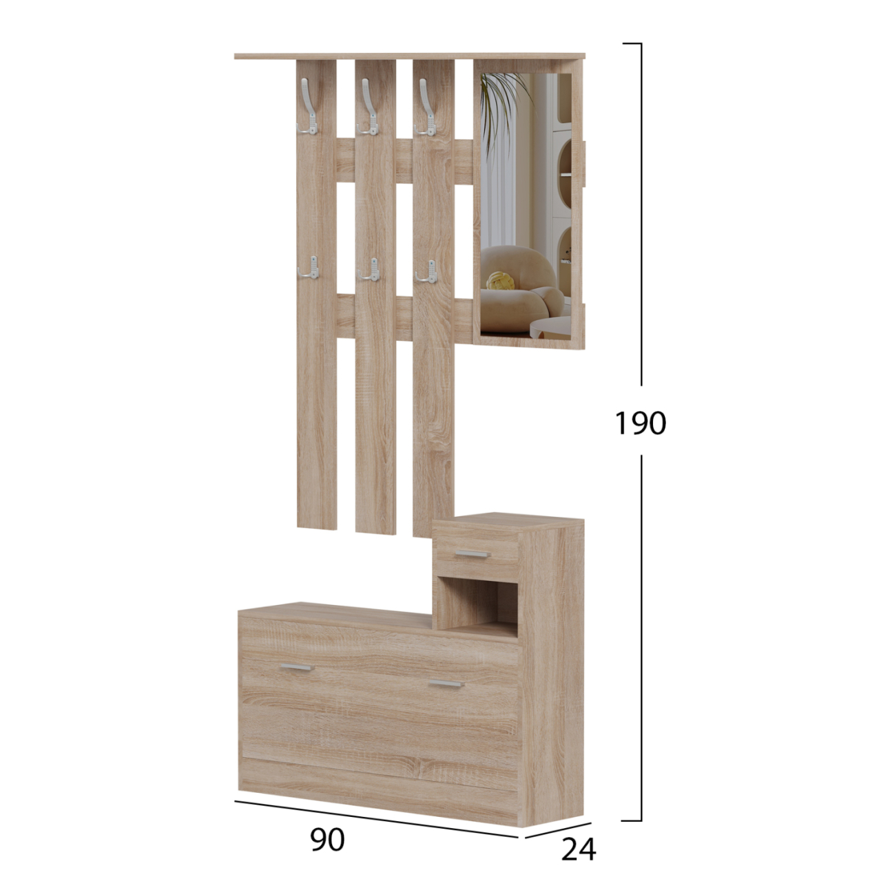 ENTRYWAY SET WITH MIRROR GORN HM2473.01 MELAMINE IN SONAMA 90x24x190Hcm. [2]