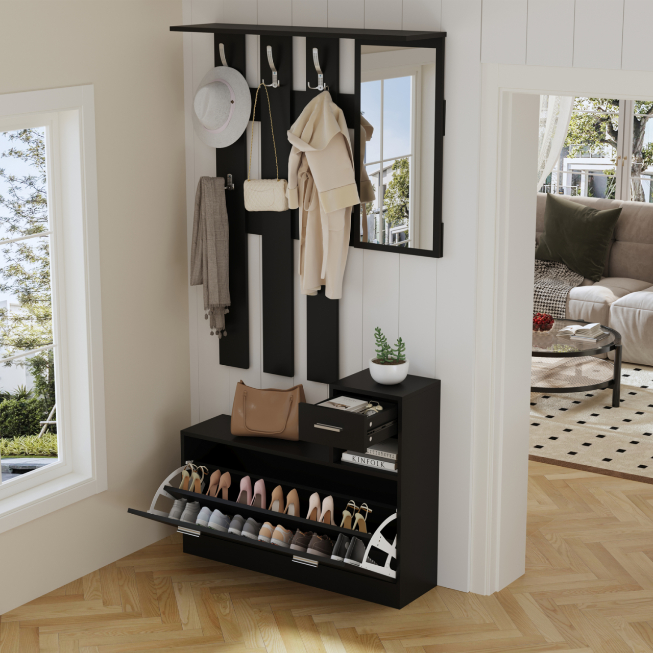 ENTRYWAY SET WITH MIRROR GORN HM2473.02 MELAMINE IN WENGE 90x24x190Hcm. [4]