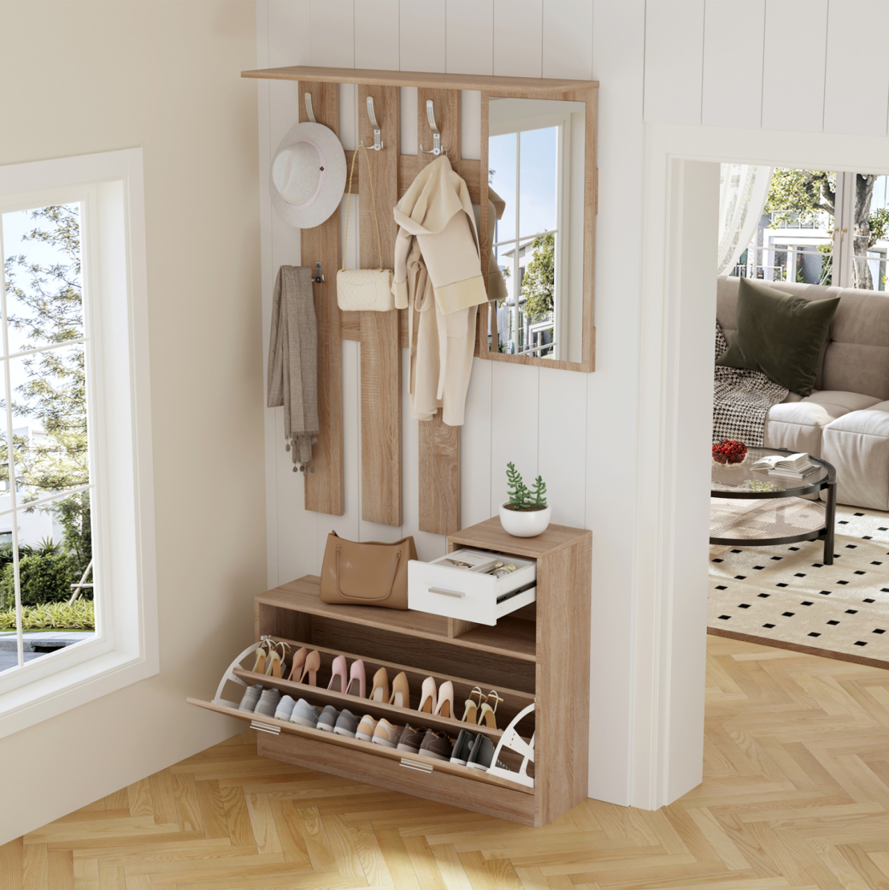 ENTRYWAY SET WITH MIRROR GORN HM2473.04 MELAMINE IN SONAMA-WHITE 90x24x190Hcm. [4]