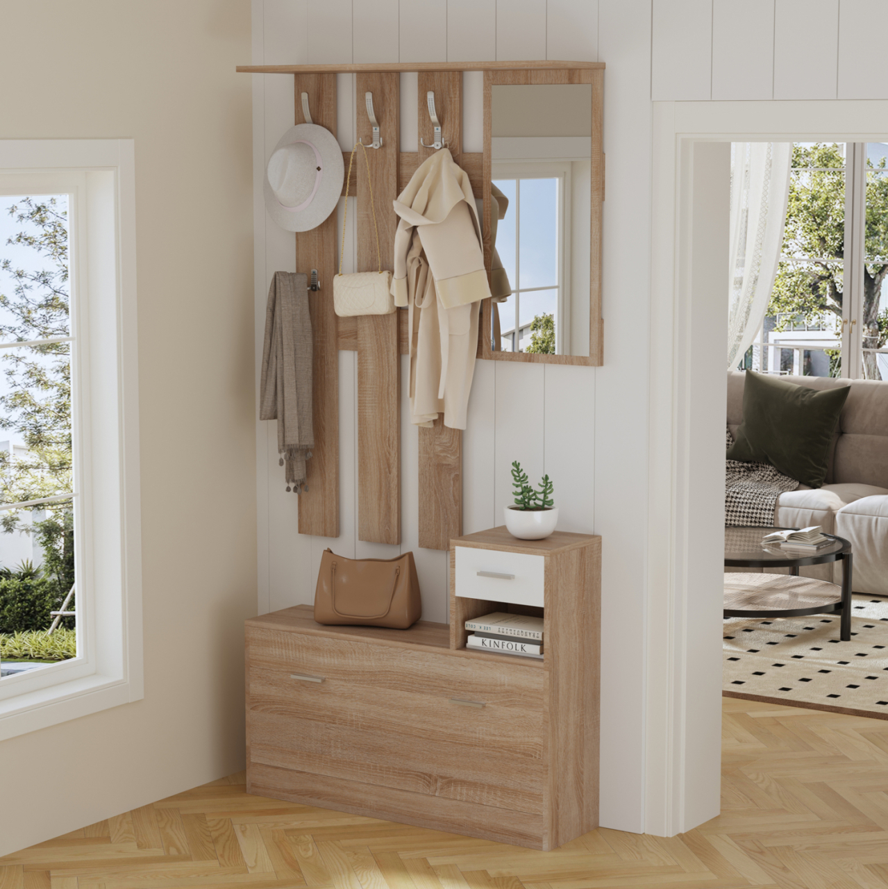 ENTRYWAY SET WITH MIRROR GORN HM2473.04 MELAMINE IN SONAMA-WHITE 90x24x190Hcm. [3]