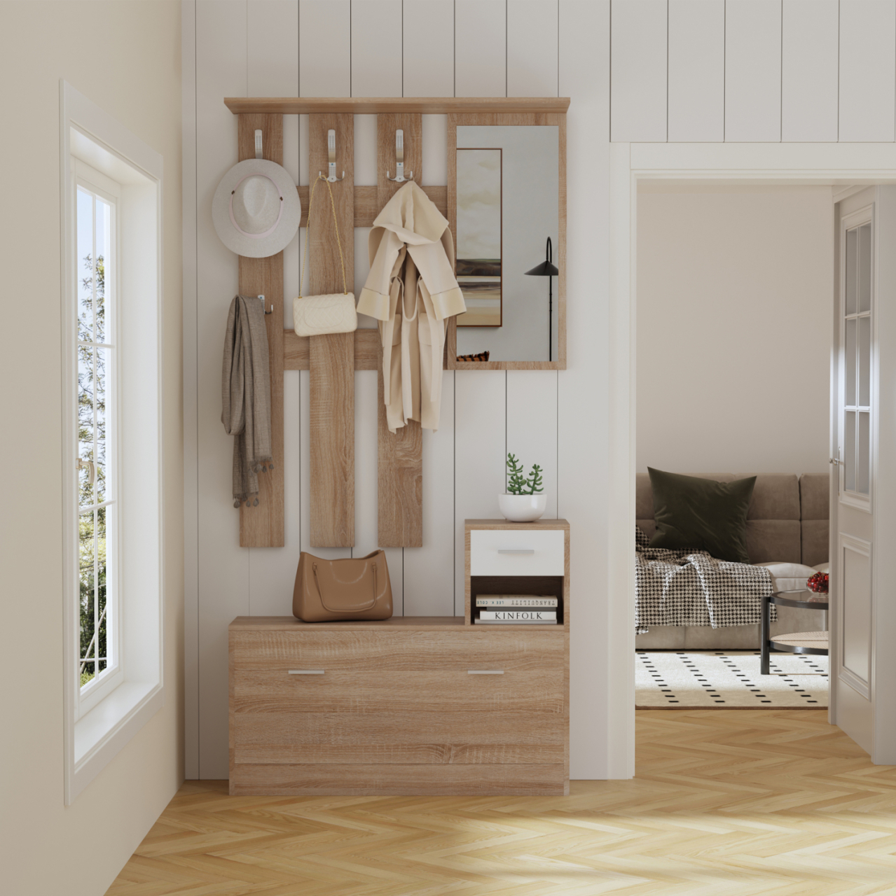ENTRYWAY SET WITH MIRROR GORN HM2473.04 MELAMINE IN SONAMA-WHITE 90x24x190Hcm. [5]