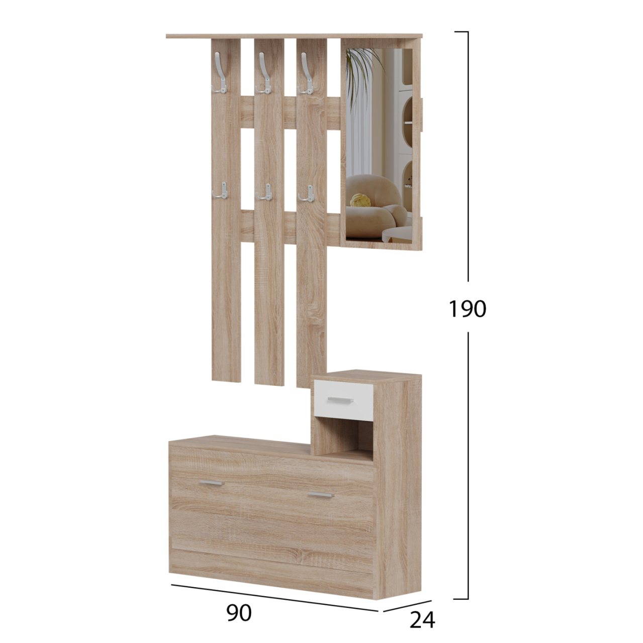 ENTRYWAY SET WITH MIRROR GORN HM2473.04 MELAMINE IN SONAMA-WHITE 90x24x190Hcm. [2]