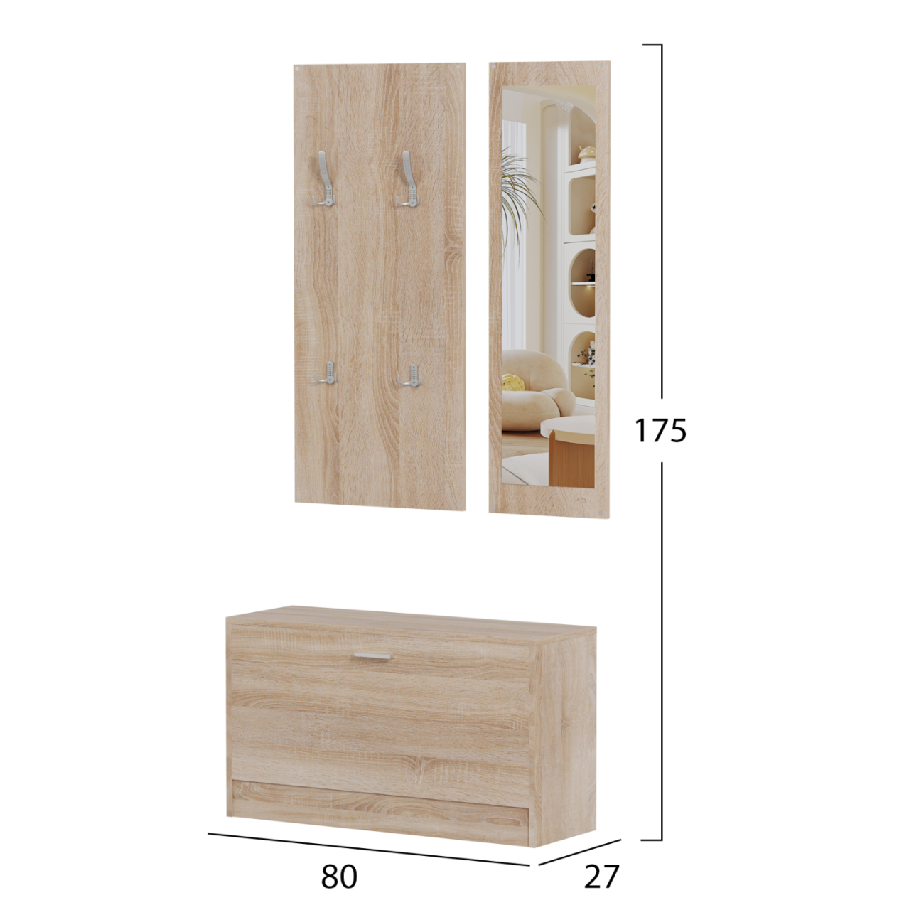 ENTRYWAY SET WITH MIRROR VERN HM2476.01 MELAMINE IN SONAMA 80x27x175Hcm. [2]