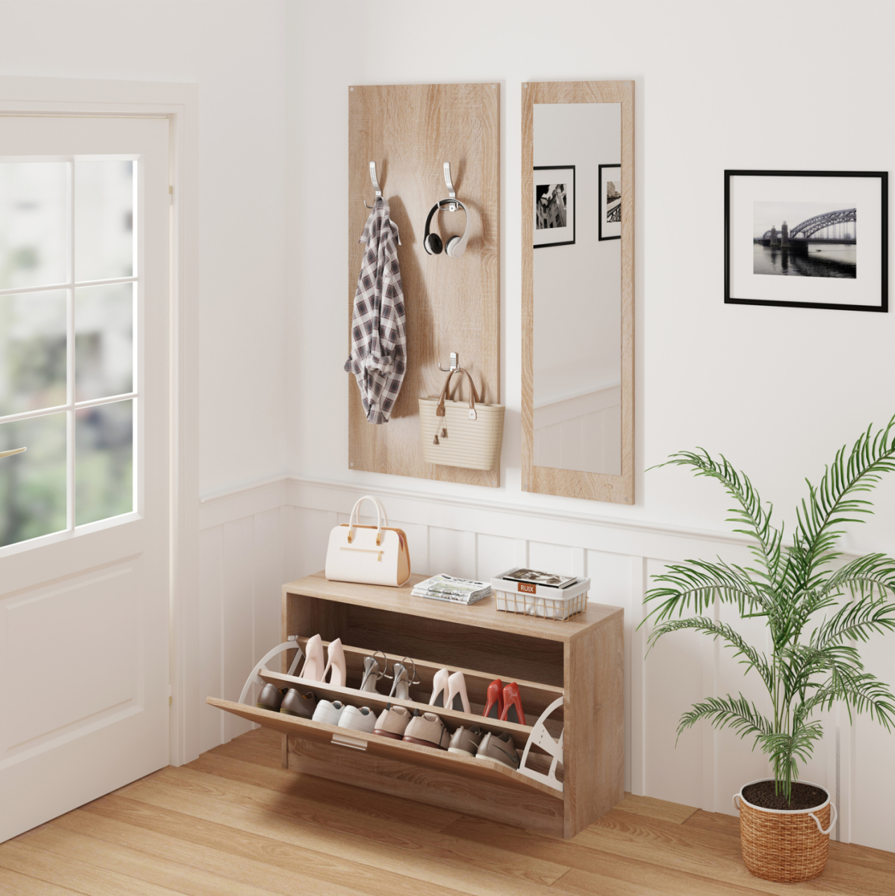 ENTRYWAY SET WITH MIRROR VERN HM2476.01 MELAMINE IN SONAMA 80x27x175Hcm. [4]