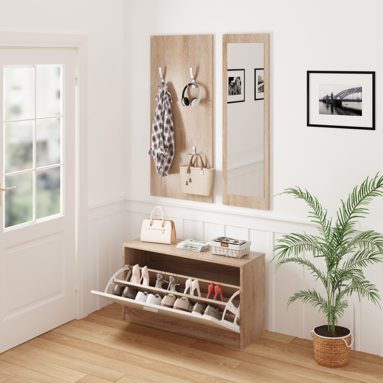 ENTRYWAY SET WITH MIRROR VERN HM2476.04 MELAMINE IN SONAMA-WHITE 80x27x175Hcm. [4]