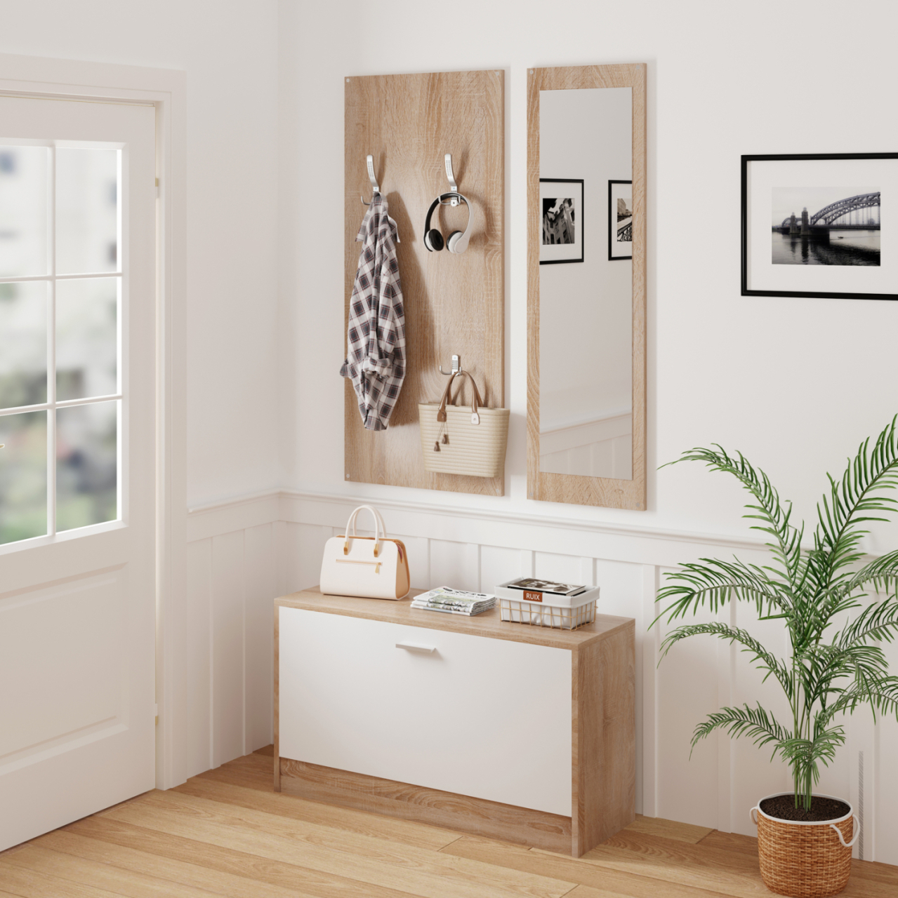 ENTRYWAY SET WITH MIRROR VERN HM2476.04 MELAMINE IN SONAMA-WHITE 80x27x175Hcm. [3]