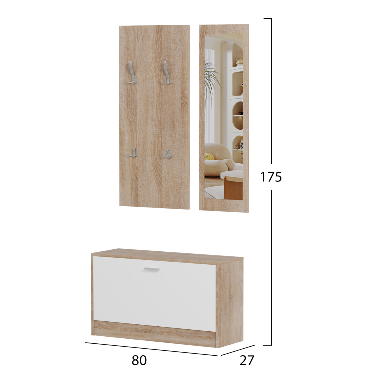 ENTRYWAY SET WITH MIRROR VERN HM2476.04 MELAMINE IN SONAMA-WHITE 80x27x175Hcm. [2]