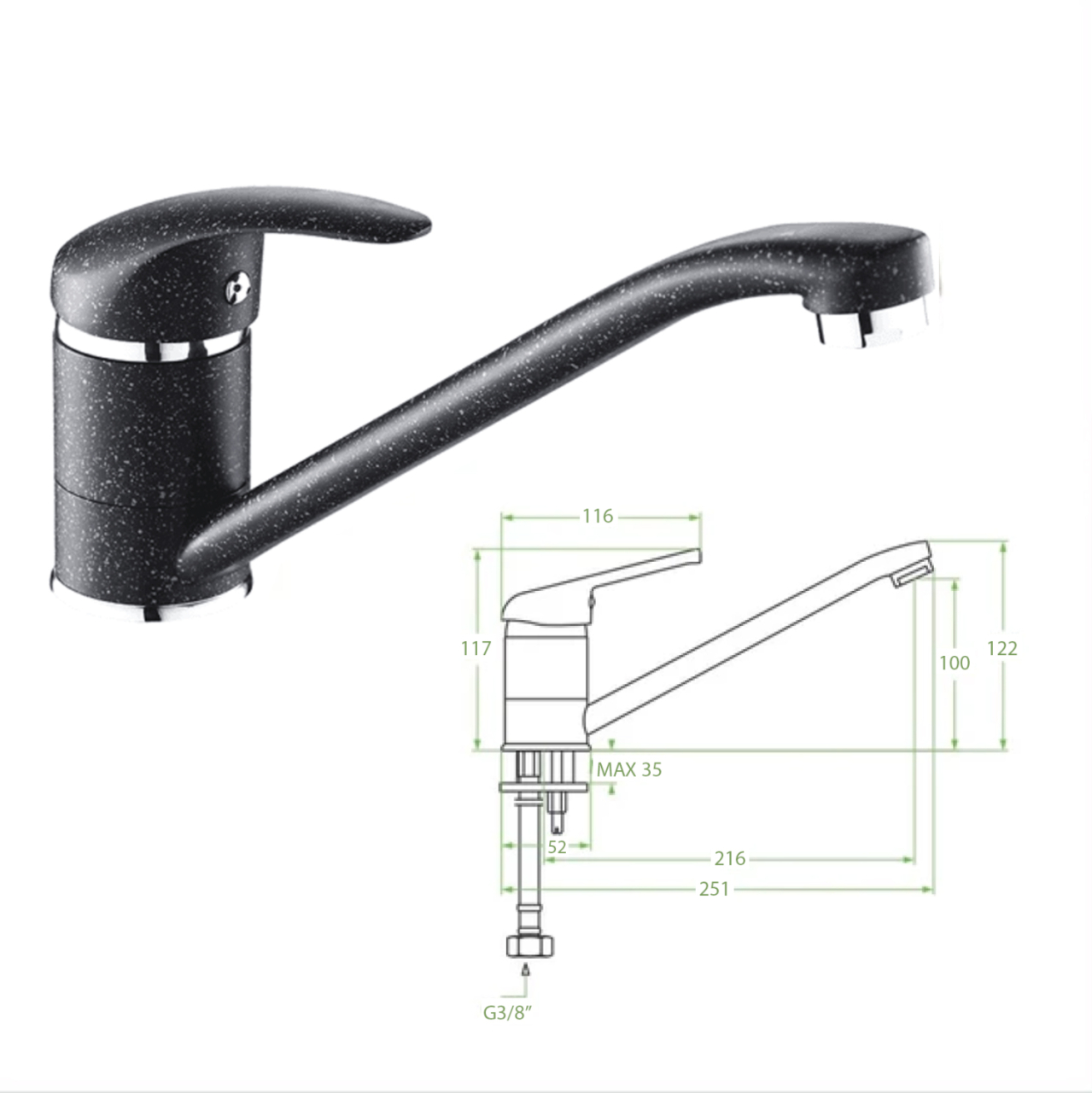 FAUCET FOR KITCHEN COUNTERTOP HM4869.03 LONG FAUCET SPOUT--BLACK GRANITE--25.1x12.2Hcm [2]