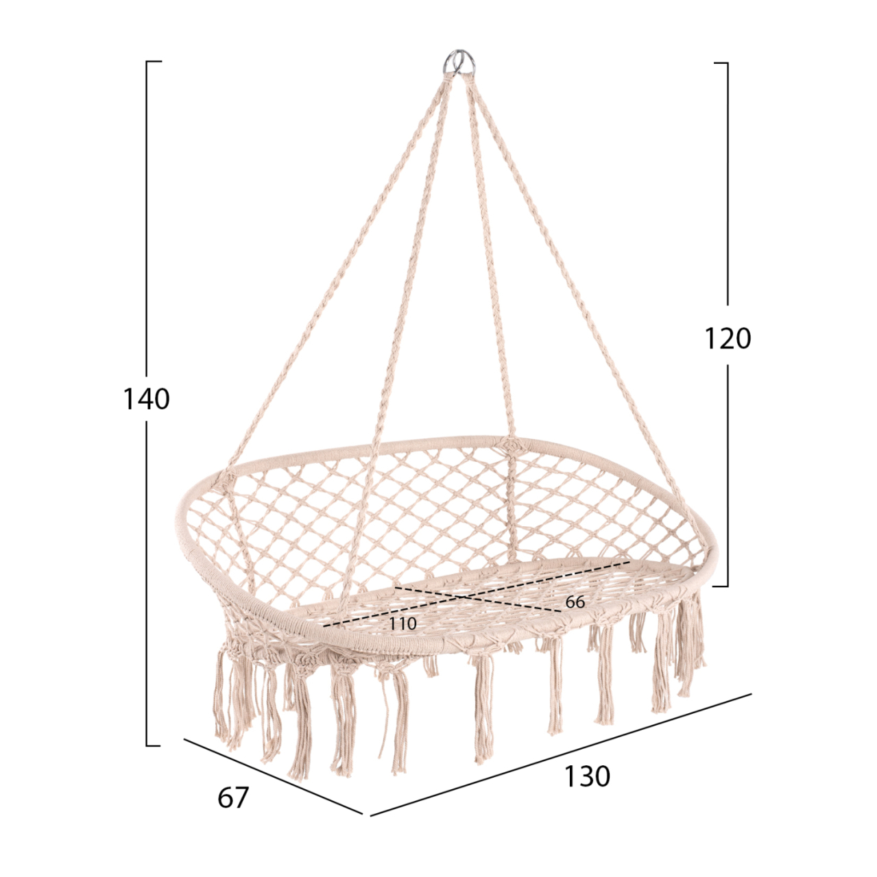 HANGING NEST HM5769 2-SEATER MACRAME ROPE IN BEIGE COLOR 130x67x120-140Hcm. [2]