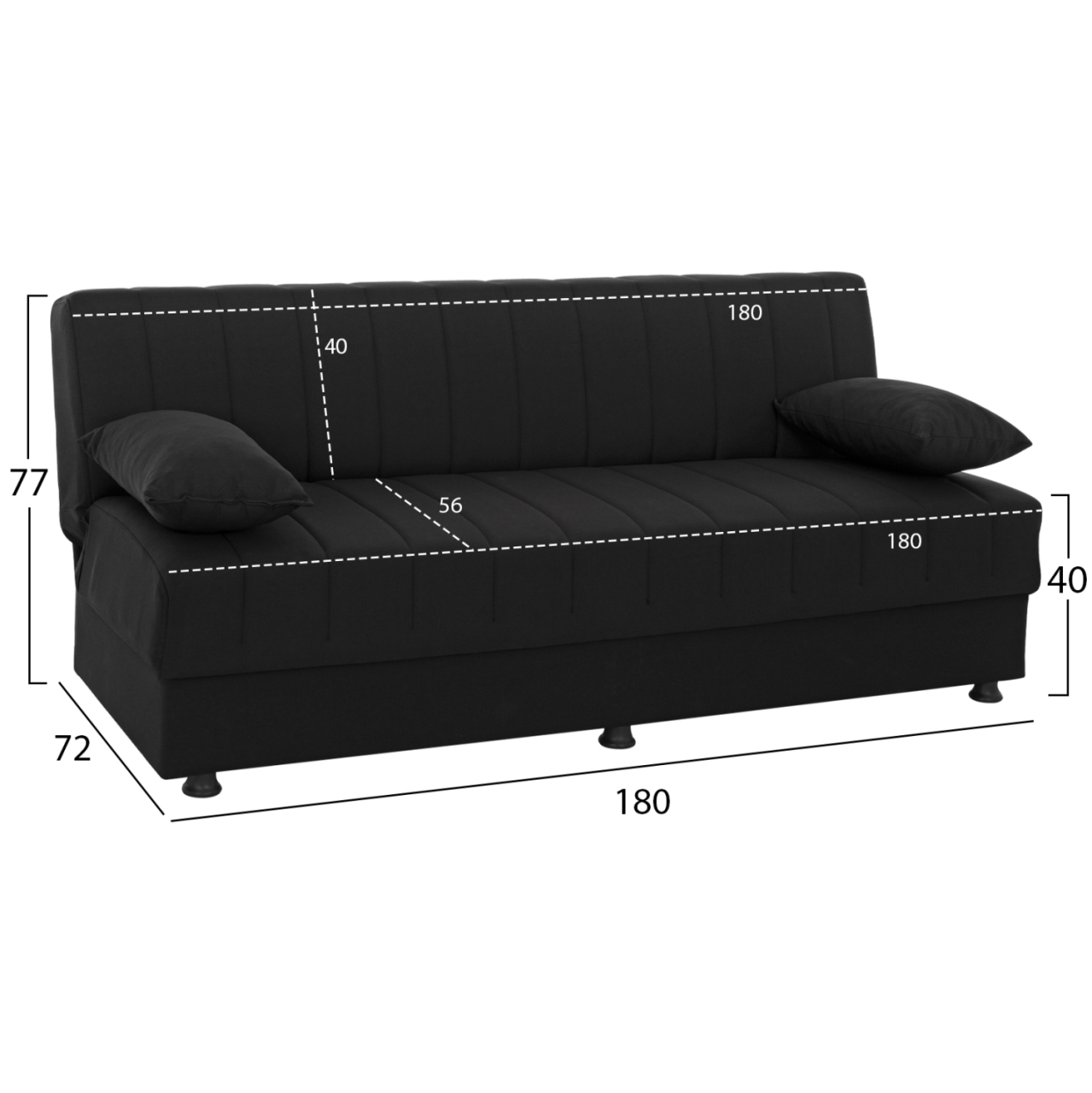 Hm3239.01 ANDRI three-seater sofa-bed, black fabric, short legs, without arms [2]