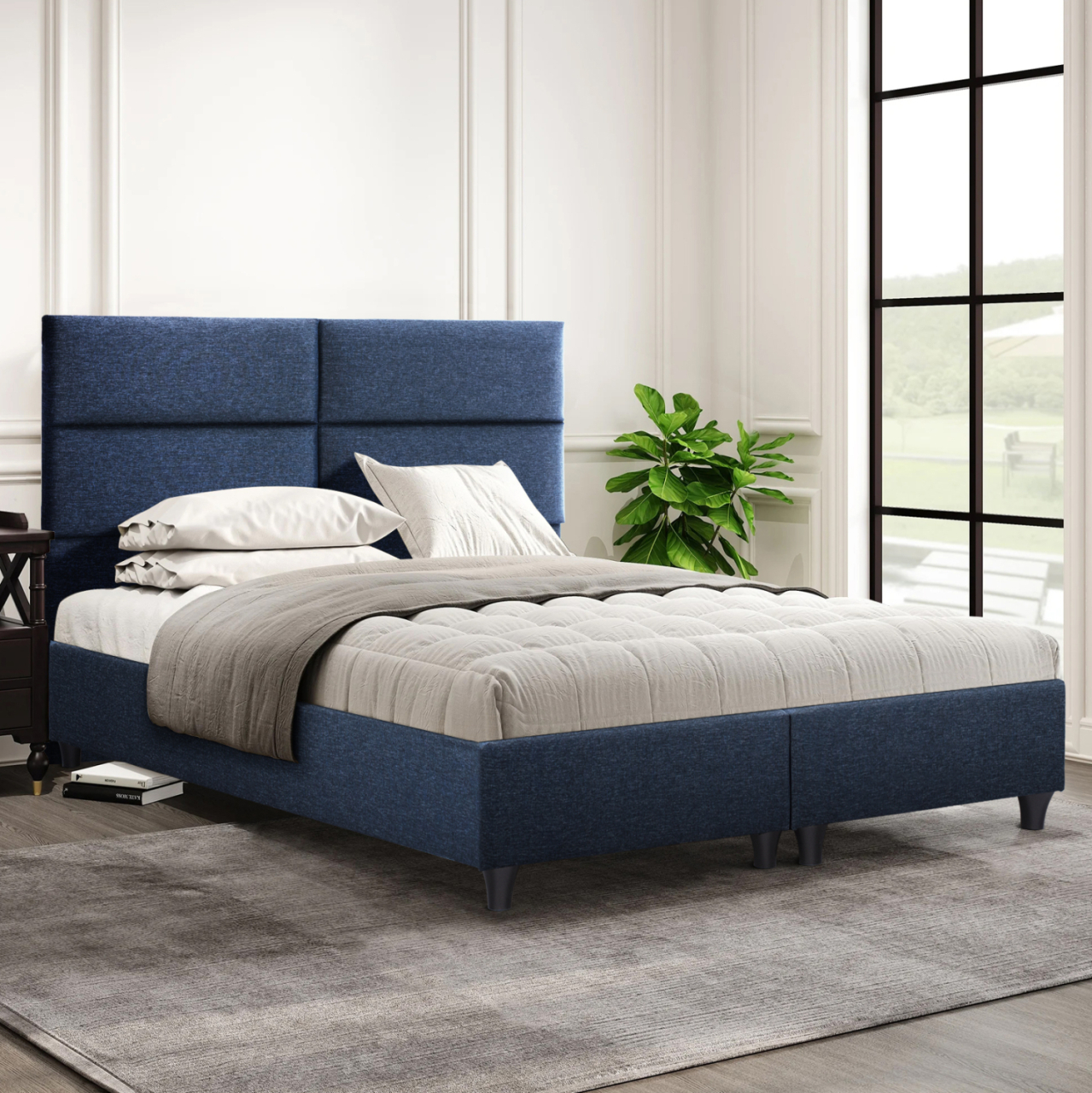 Hm616.08 bed, blue fabric, for mattress 160x200, headboard, with 2 underlays instead of bed boards [2]
