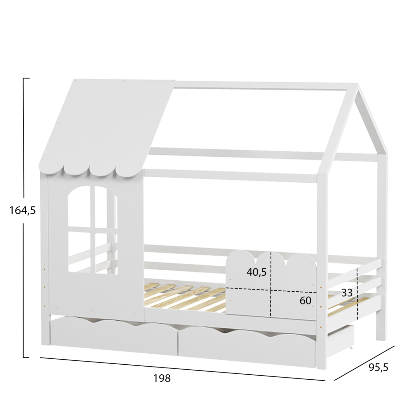 KID'S BED t.MONTESSORI WITH 2 DRAWERS DOMER HM710.03 PINE WOOD IN WHITE-MATTRESS 90x190cm. [2]