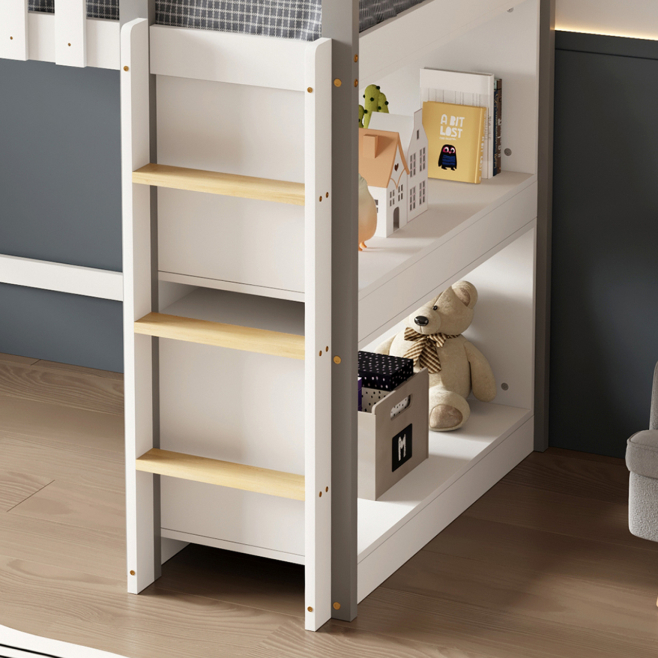 KID'S BED t.MONTESSORI WITH SHELVES HOMI HM712 PINE WOOD IN WHITE-GREY FOR MATTRERSS 90x190cm. [4]