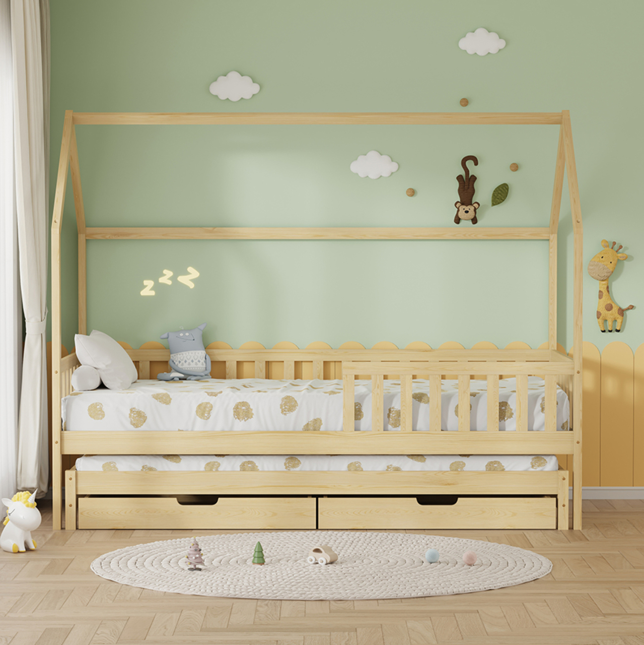 KID'S BED WITH RETRACTABLE SECOND BED and DRAWERS PHYLLIS HM723.01 PINE WOOD IN NATURAL 206x97x166Hcm. [4]