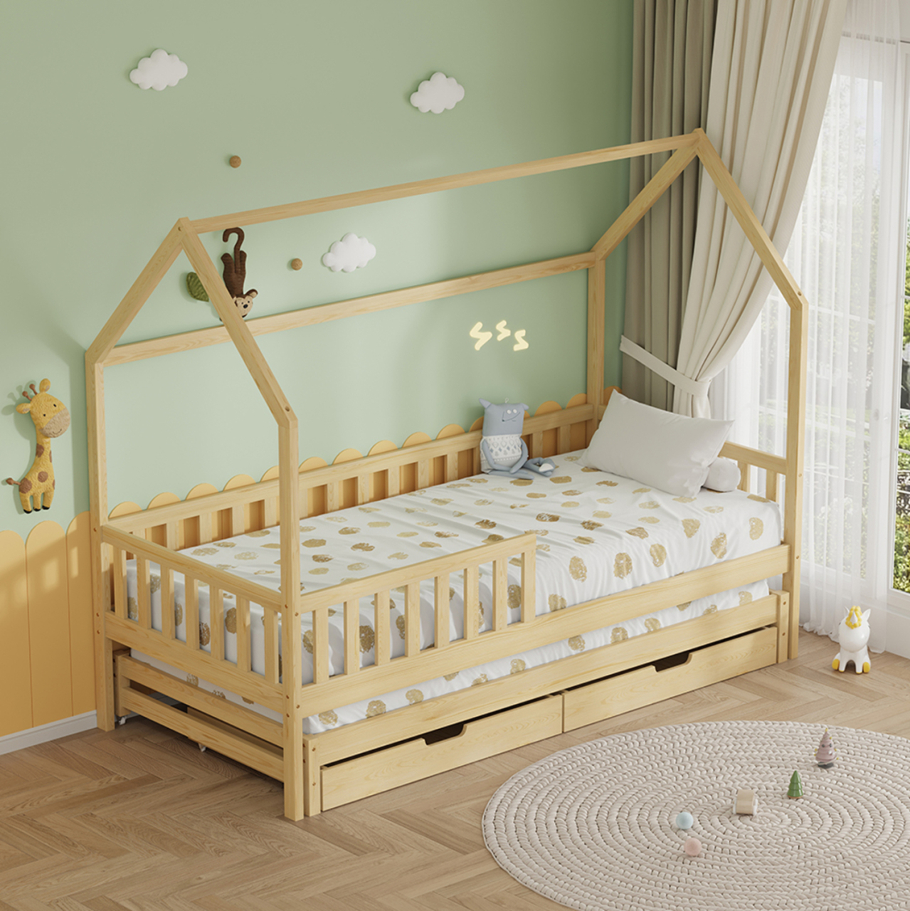 KID'S BED WITH RETRACTABLE SECOND BED and DRAWERS PHYLLIS HM723.01 PINE WOOD IN NATURAL 206x97x166Hcm. [5]