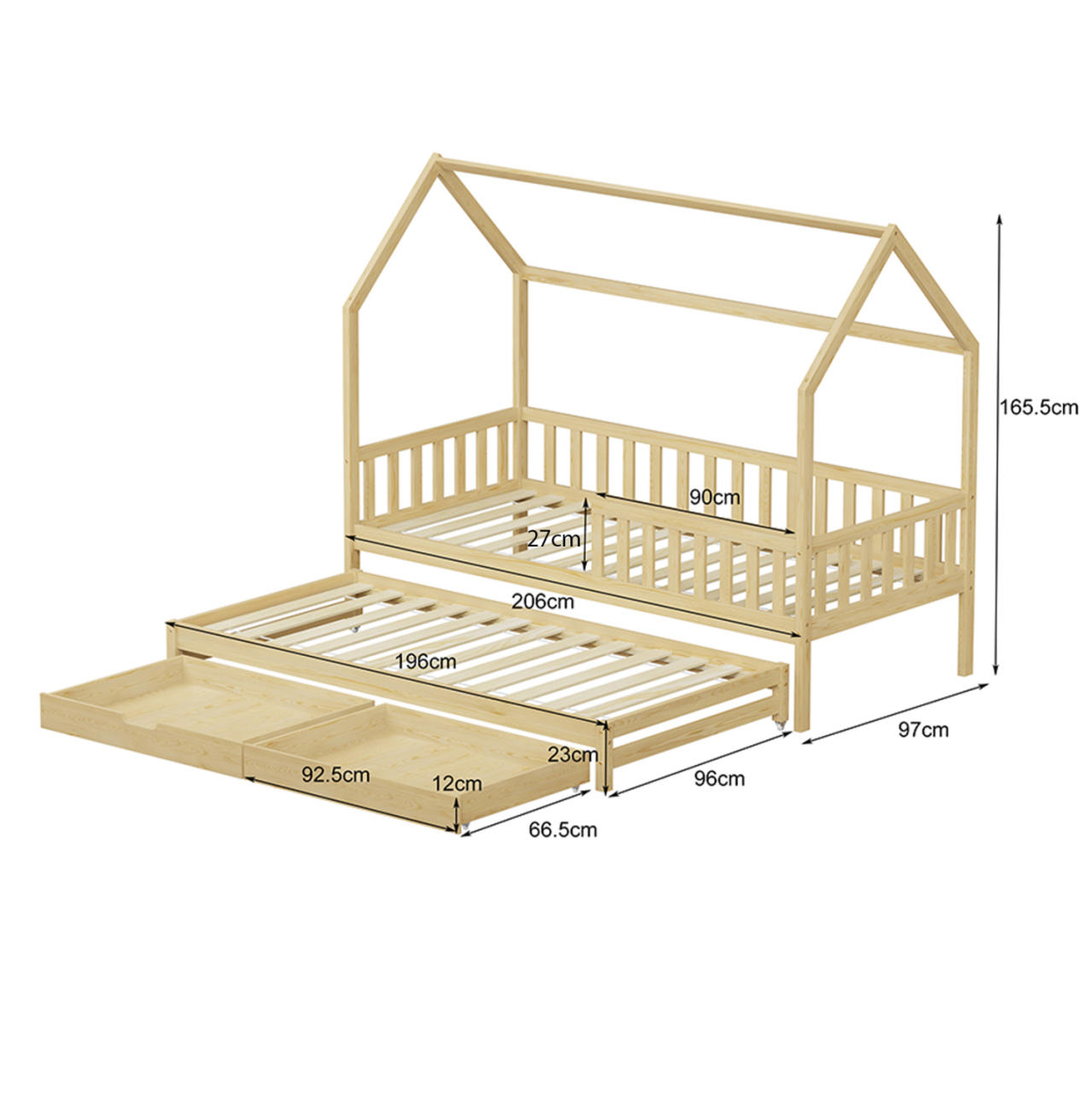KID'S BED WITH RETRACTABLE SECOND BED and DRAWERS PHYLLIS HM723.01 PINE WOOD IN NATURAL 206x97x166Hcm. [3]