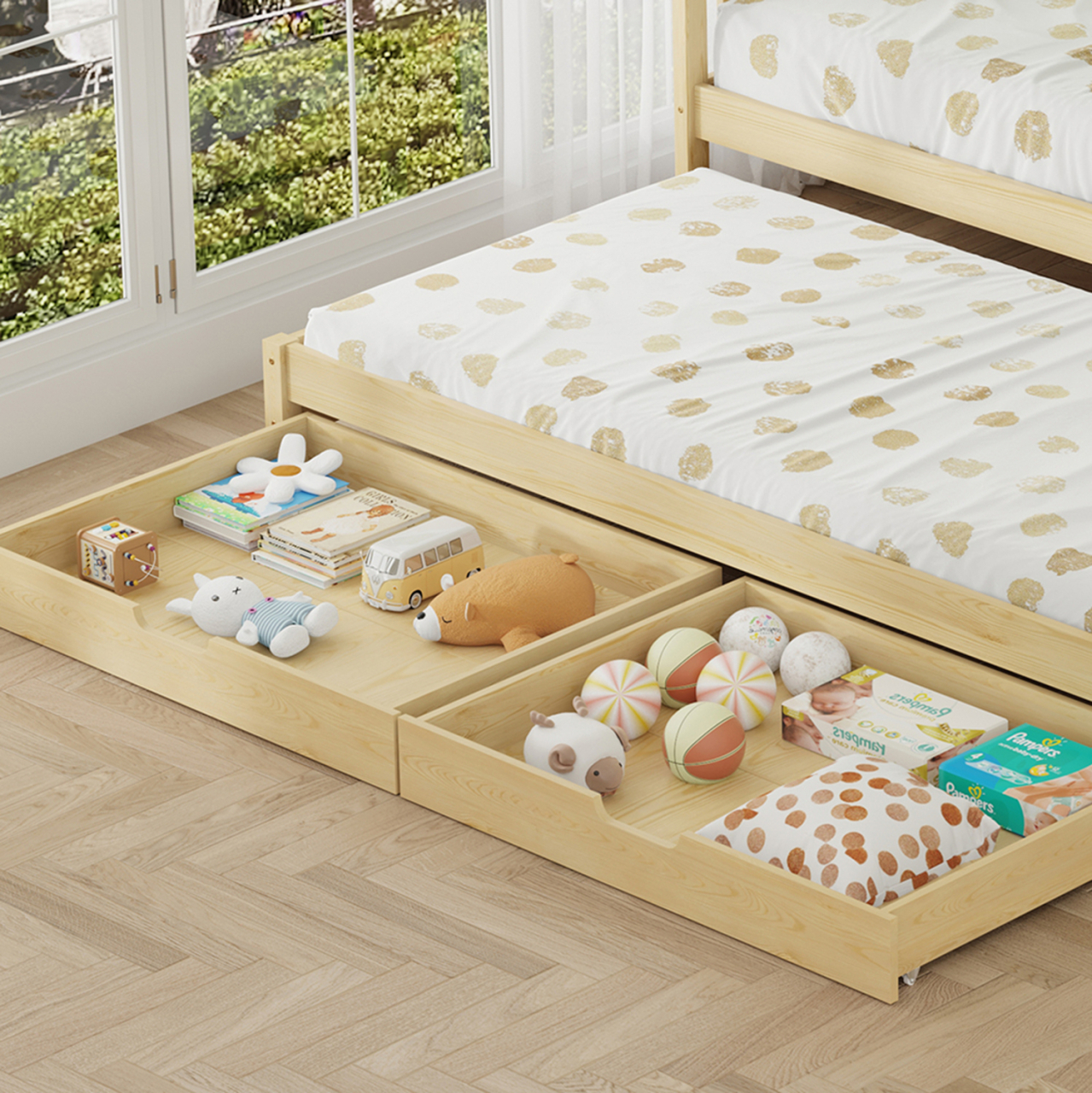 KID'S BED WITH RETRACTABLE SECOND BED and DRAWERS PHYLLIS HM723.01 PINE WOOD IN NATURAL 206x97x166Hcm. [8]