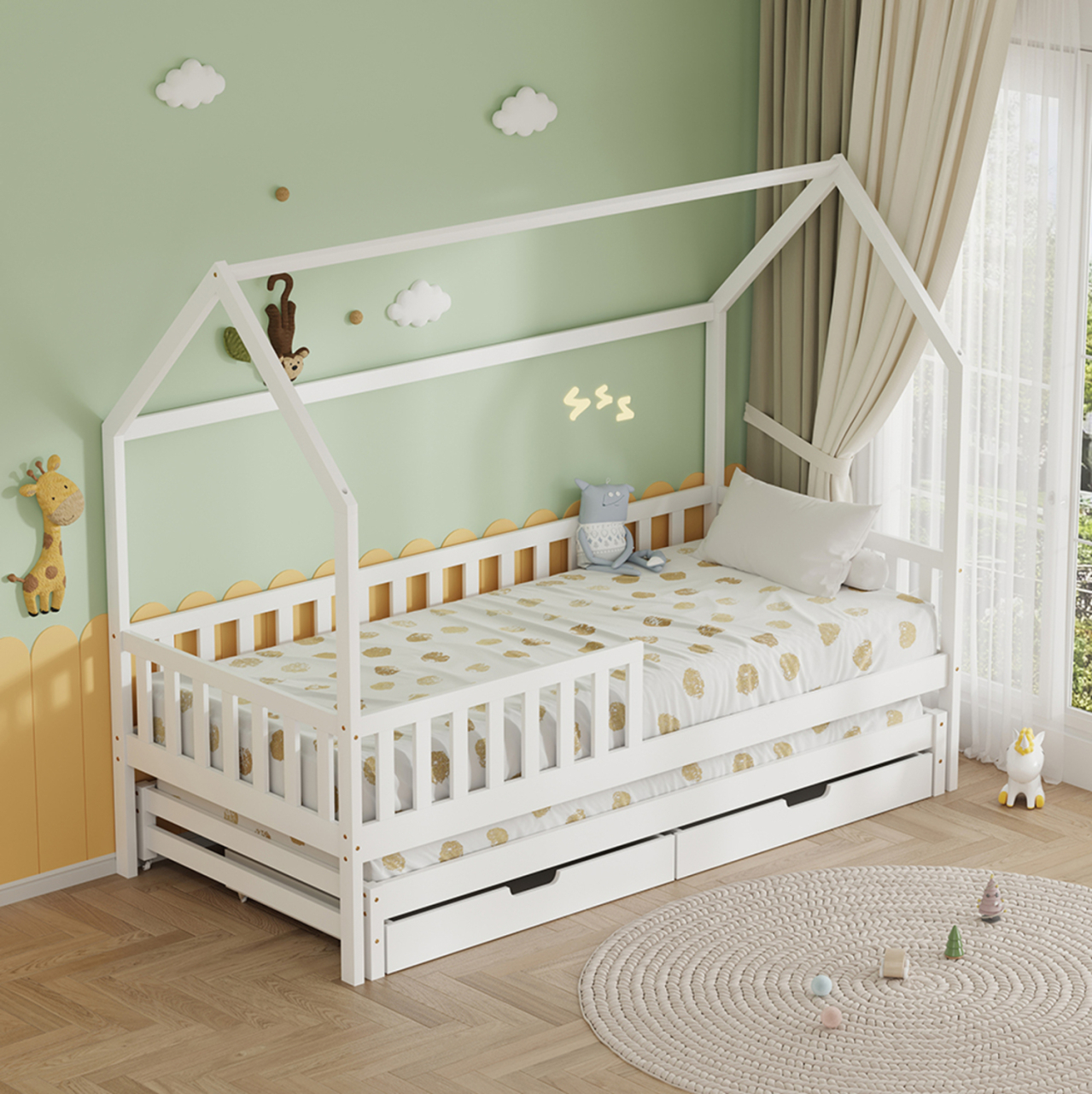 KID'S BED WITH RETRACTABLE SECOND BED and DRAWERS PHYLLIS HM723.03 PINE WOOD IN WHITE 206x97x166Hcm. [5]