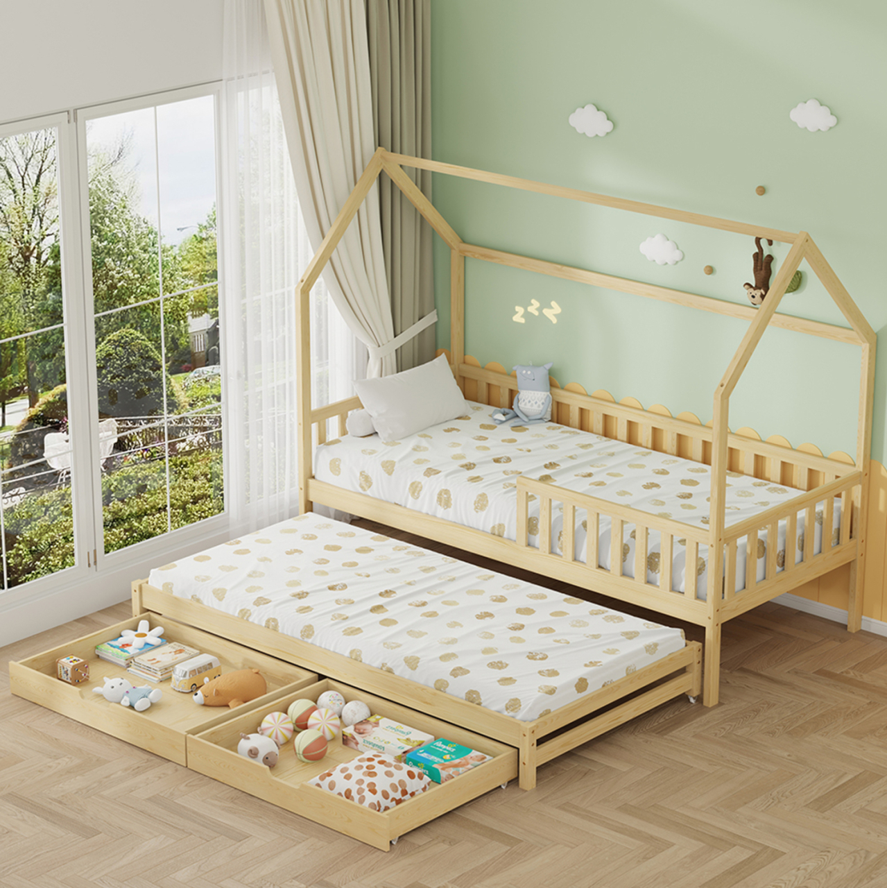 KID'S BED WITH RETRACTABLE SECOND BED and DRAWERS PHYLLIS HM723.03 PINE WOOD IN WHITE 206x97x166Hcm. [2]