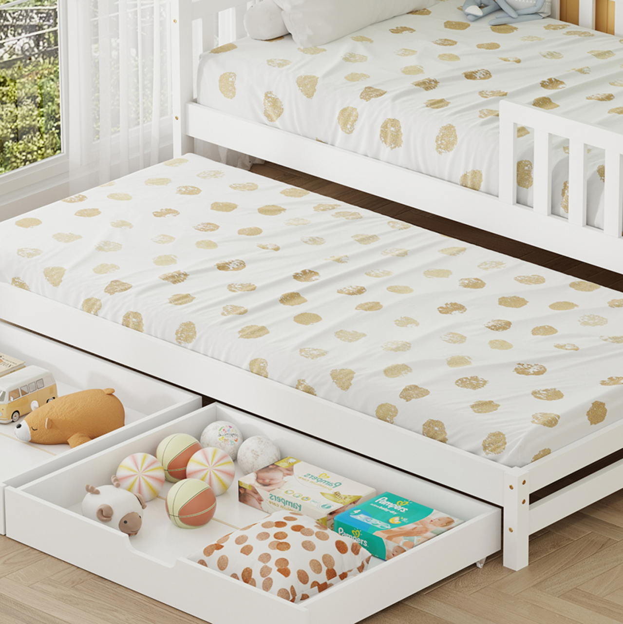 KID'S BED WITH RETRACTABLE SECOND BED and DRAWERS PHYLLIS HM723.03 PINE WOOD IN WHITE 206x97x166Hcm. [8]