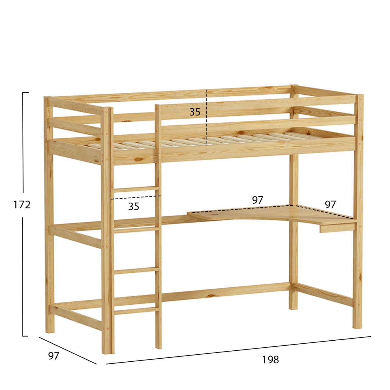 KID'S BUNK BED WITH DESK AKRON HM702.01 PINE WOOD IN NATURAL FOR MATTRESS 90x190cm. [2]
