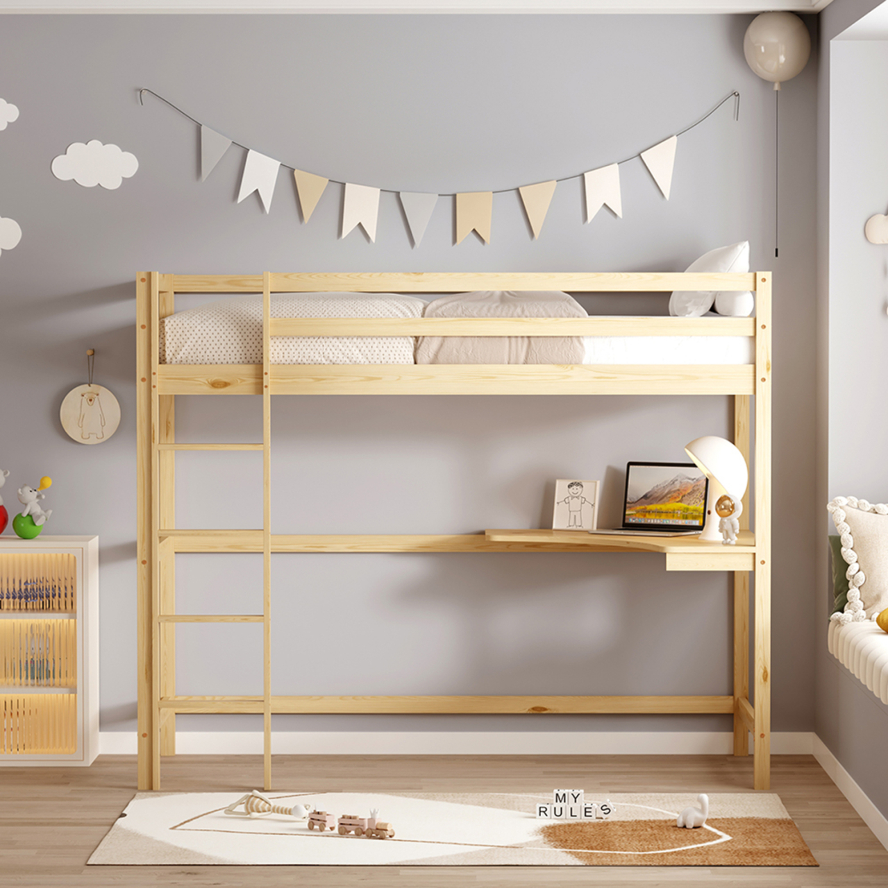 KID'S BUNK BED WITH DESK AKRON HM702.01 PINE WOOD IN NATURAL FOR MATTRESS 90x190cm. [3]