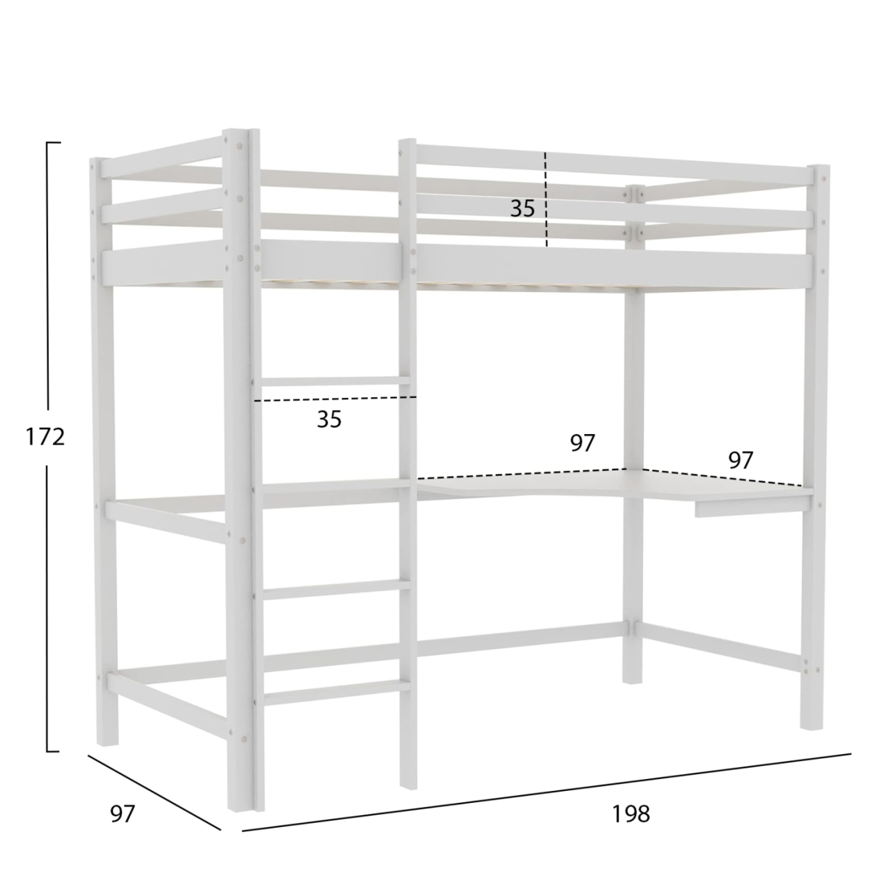 KID'S BUNK BED WITH DESK AKRON HM702.03 PINE WOOD IN WHITE FOR MATTRESS 90x190cm. [2]