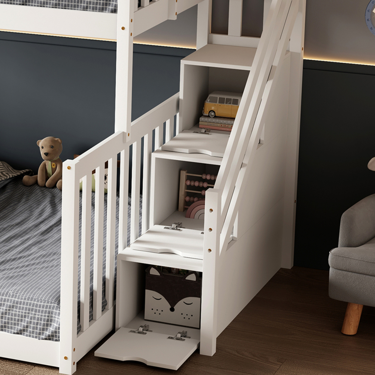 KID'S BUNKBED t.MONTESSORI BEAMER HM711.03 PINE WOOD IN WHITE-MATTRESSES 90-140x190cm. [3]