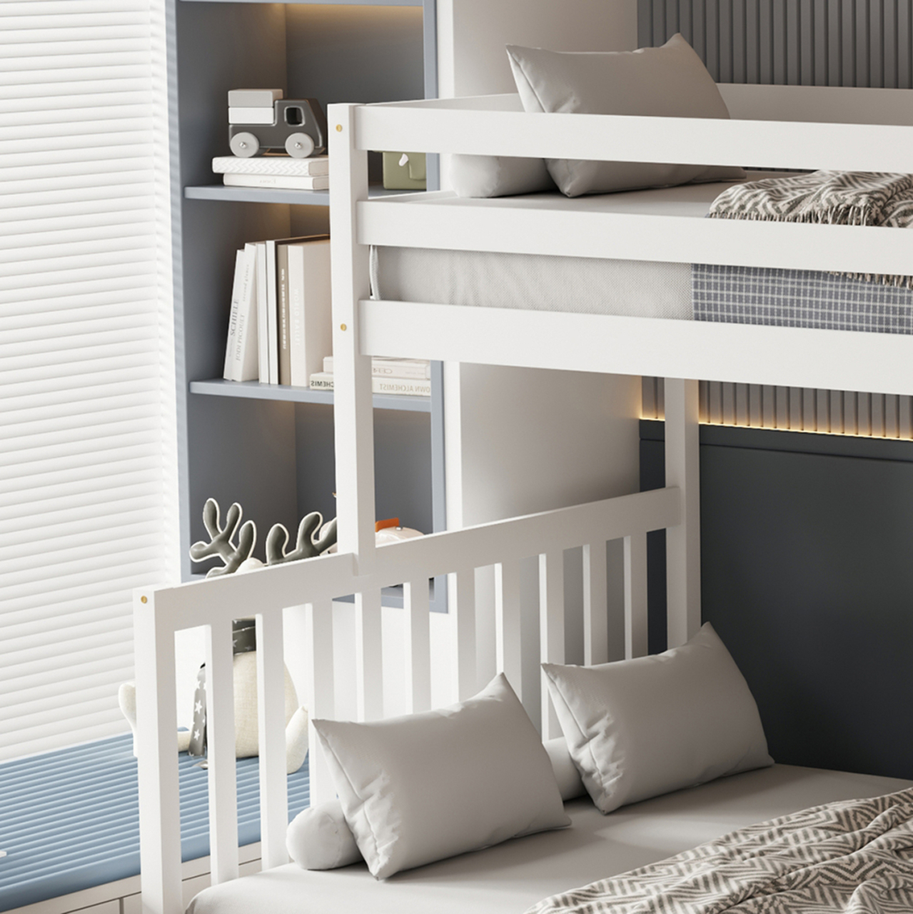 KID'S BUNKBED t.MONTESSORI BEAMER HM711.03 PINE WOOD IN WHITE-MATTRESSES 90-140x190cm. [4]