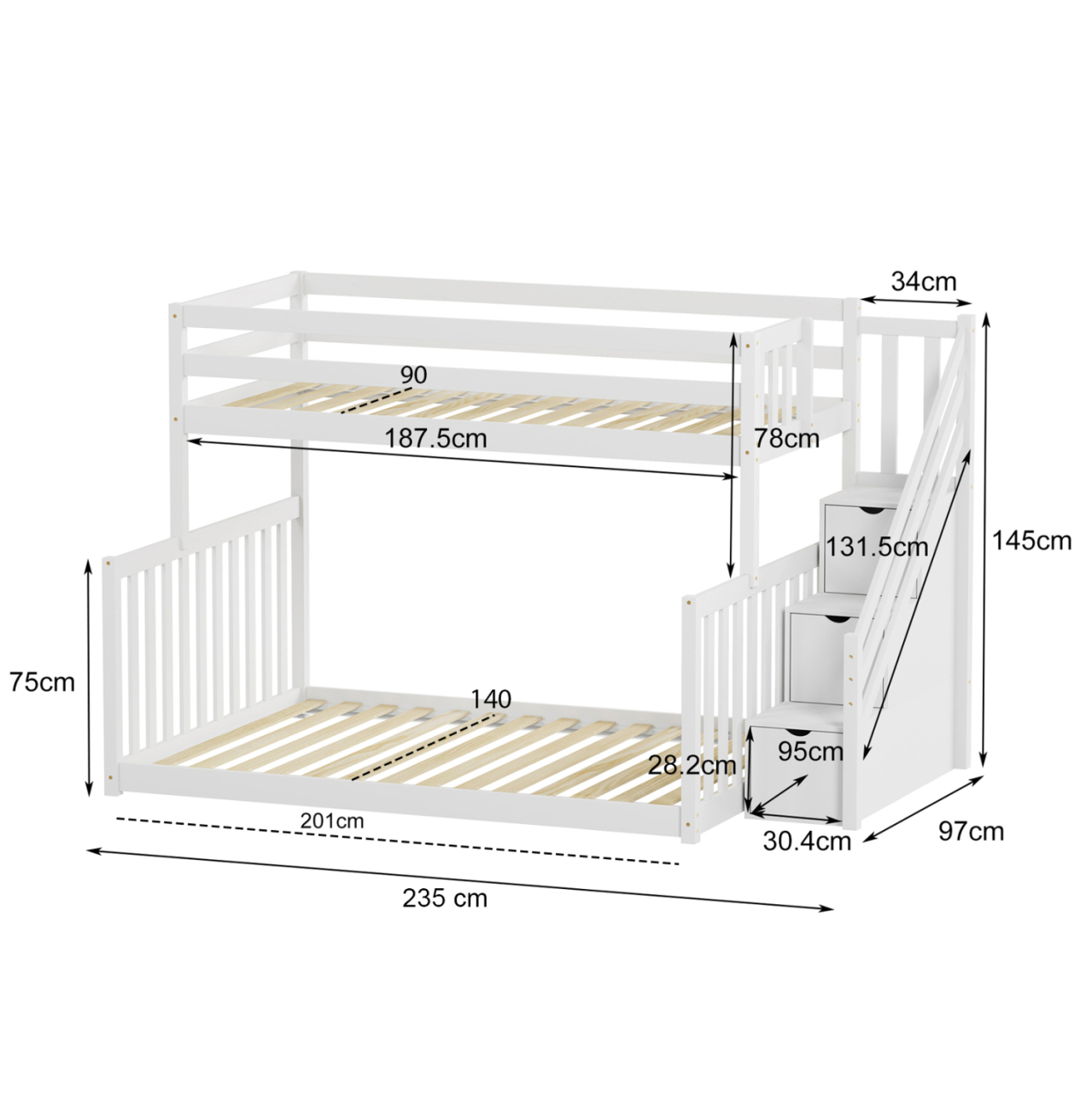 KID'S BUNKBED t.MONTESSORI BEAMER HM711.03 PINE WOOD IN WHITE-MATTRESSES 90-140x190cm. [2]