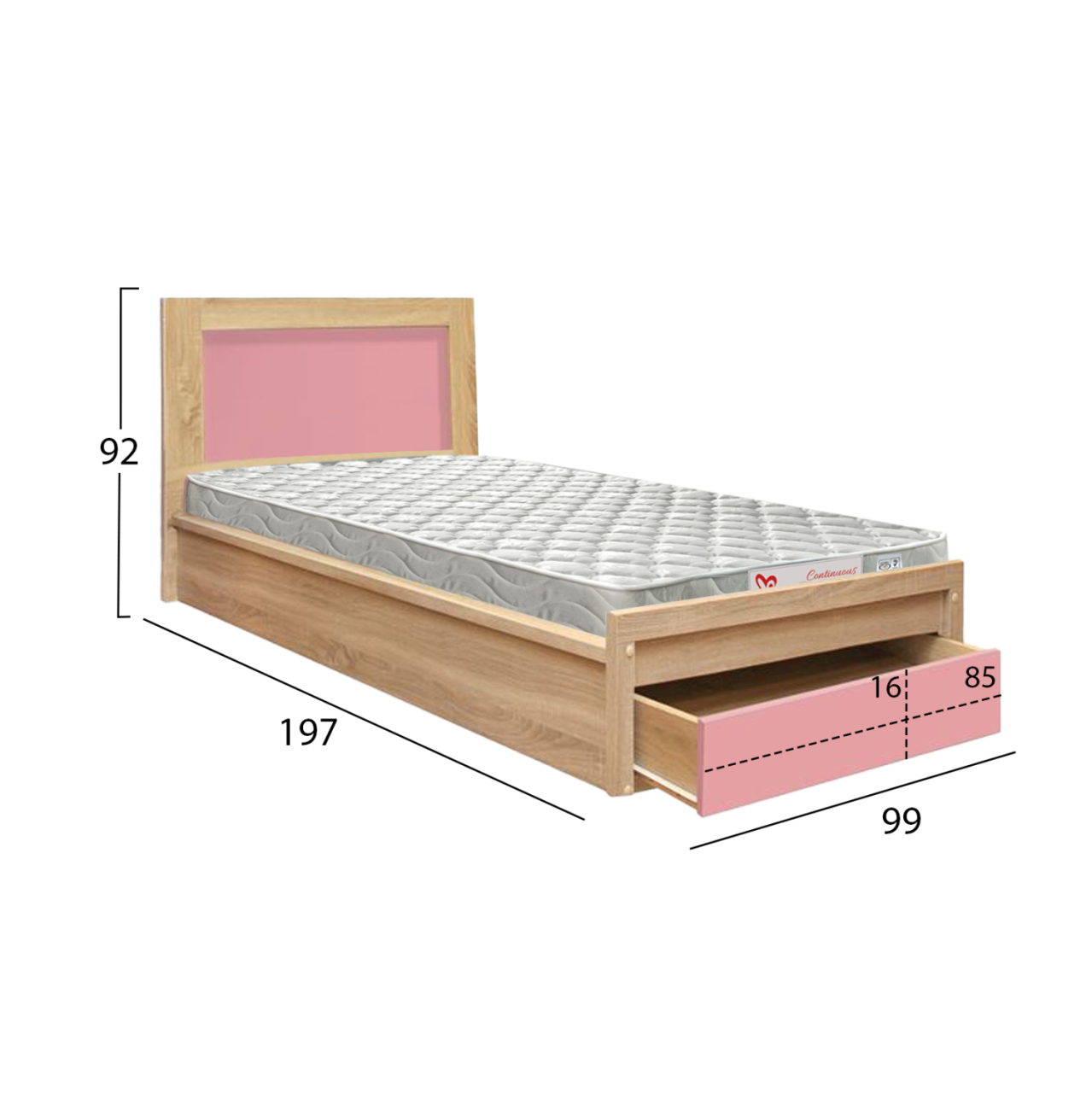 KIDS' BED WITH DRAWER PLAYROOM HM21326.01 MELAMINE IN SONAMA/PINK--WITH MATTRESS 90x190cm [2]