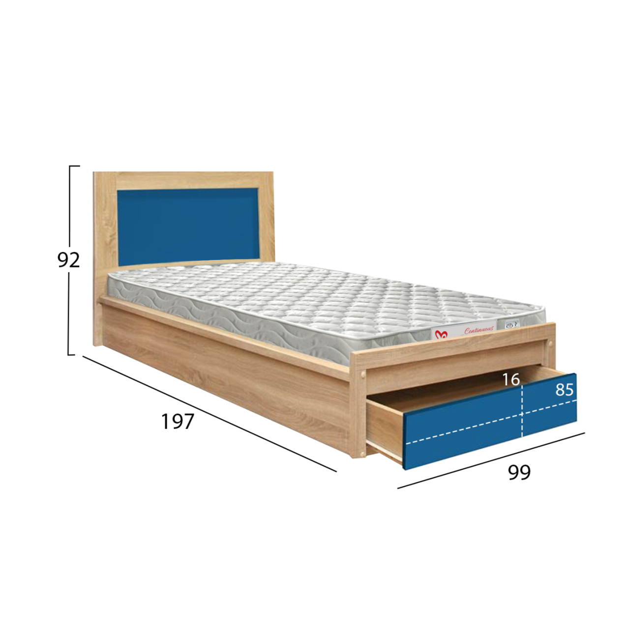 KIDS' BED WITH DRAWER PLAYROOM HM21326 MELAMINE IN SONAMA/BLUE--WITH MATTRESS 90x190cm [2]