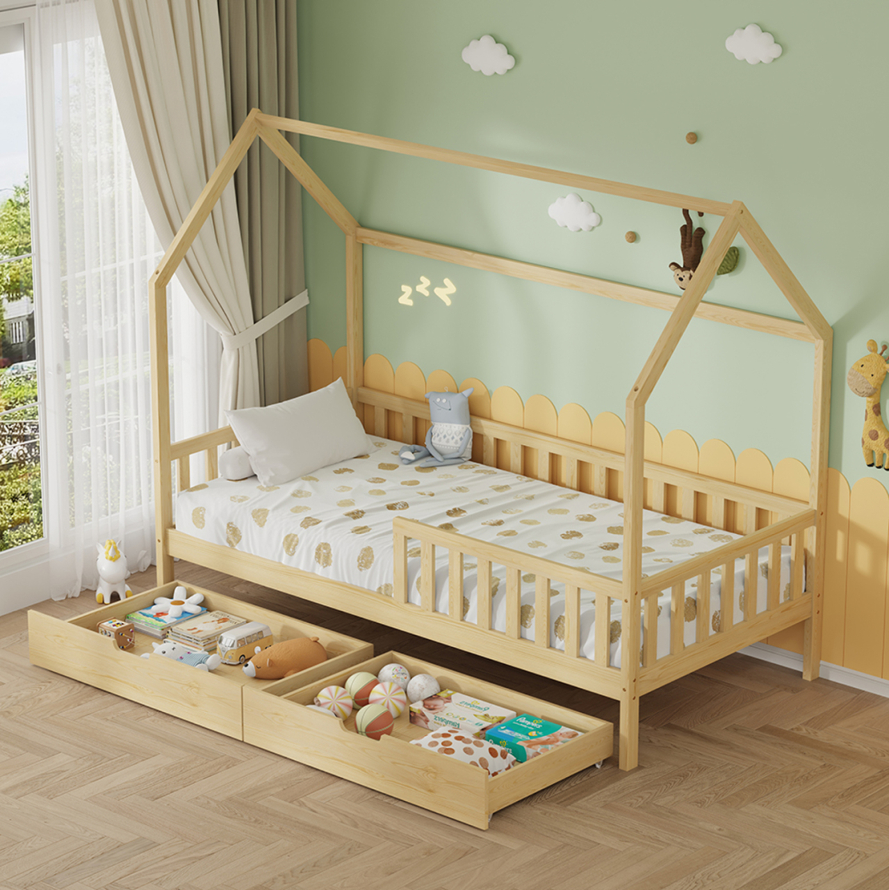 KIDS' BED WITH DRAWERS PHYLLIS HM724.01 PINE WOOD IN NATURAL 196x97x161Hcm. [4]