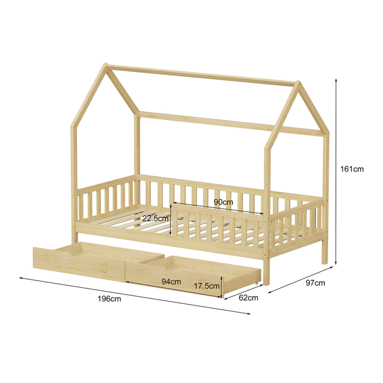 KIDS' BED WITH DRAWERS PHYLLIS HM724.01 PINE WOOD IN NATURAL 196x97x161Hcm. [3]