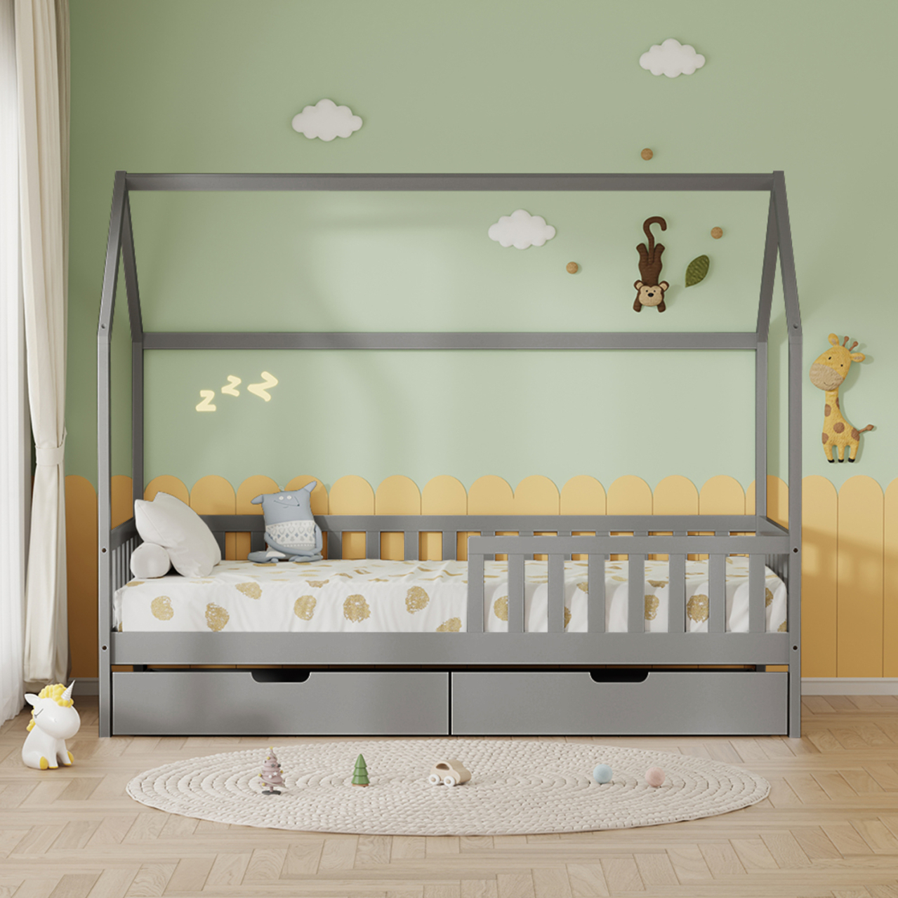 KIDS' BED WITH DRAWERS PHYLLIS HM724.05 PINE WOOD IN GREY 196x97x161Hcm. [4]