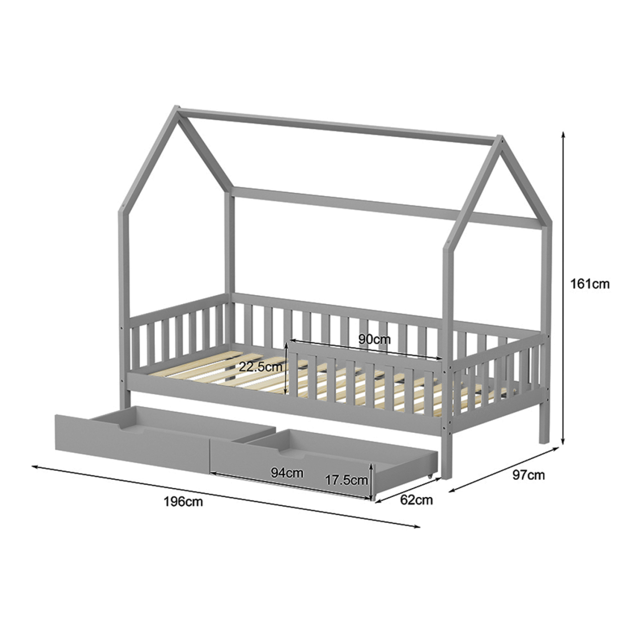 KIDS' BED WITH DRAWERS PHYLLIS HM724.05 PINE WOOD IN GREY 196x97x161Hcm. [3]