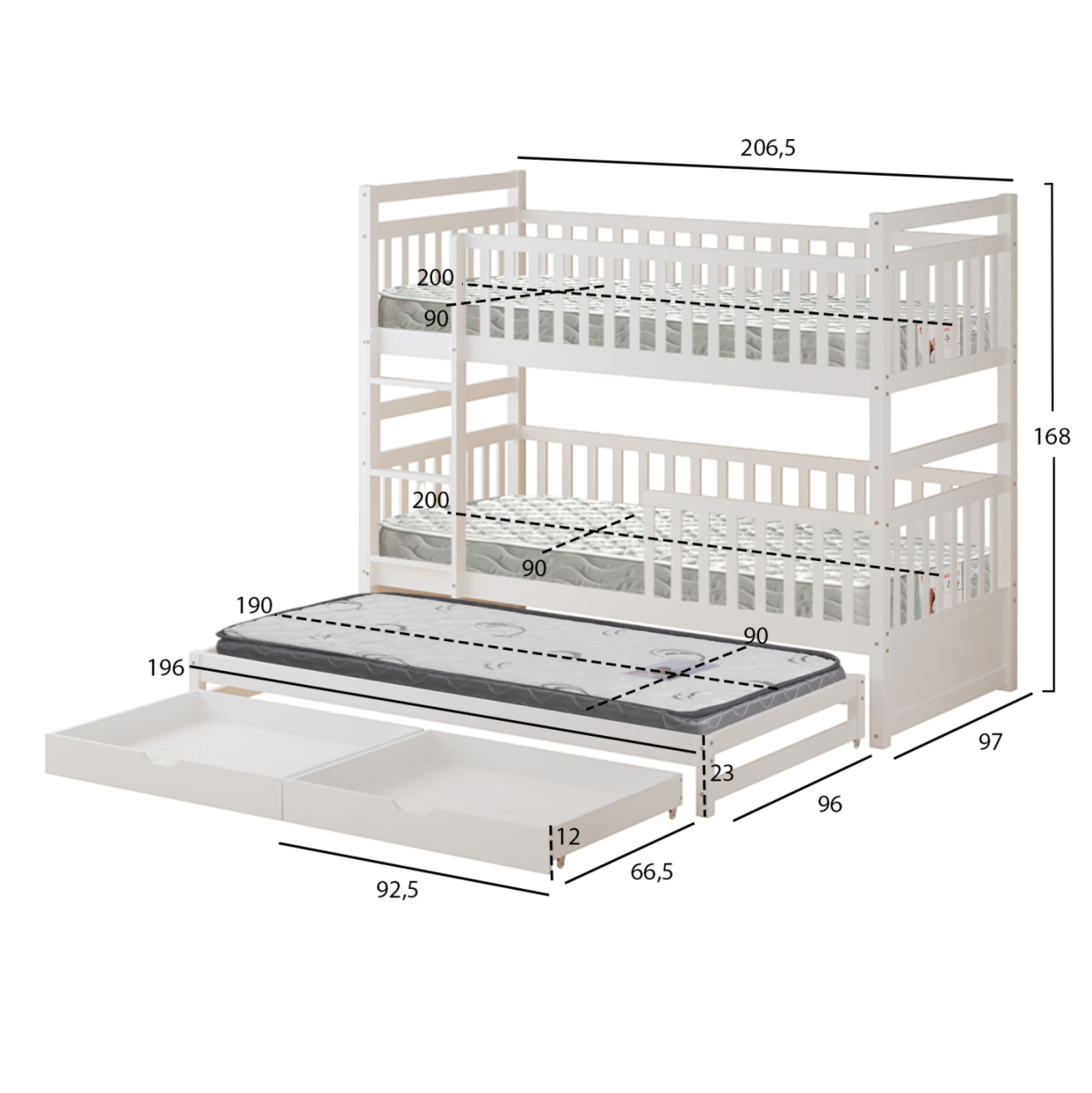 KIDS' BUNK BED WITH MATTRESSES and DRAWERS TRIPLON HM10996 PINE WOOD IN WHITE 207x97x168Hcm. [3]