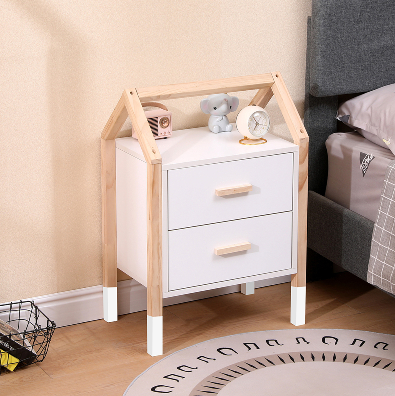 KIDS' NIGHTSTAND PEPE HM2489.03 WHITE MELAMINE-PINE WOOD IN NATURAL COLOR 46x30x67Hcm. [2]
