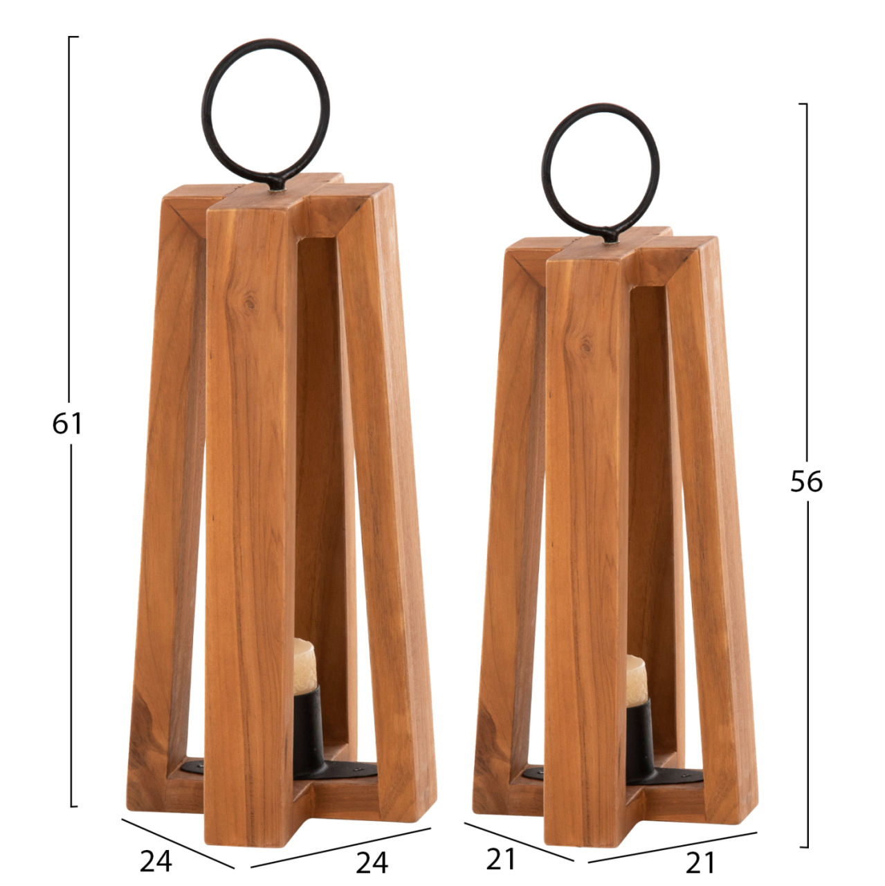 LANTERNS FOR CANDLES WITH RING HANDLES HM4276 TEAK WOOD IN NATURAL 24x24x50-61H cm. [2]