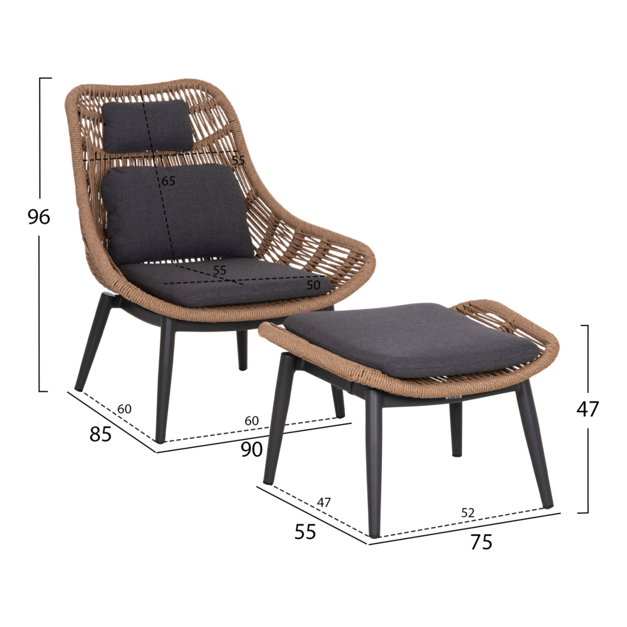 LOUNGE CHAIR WITH FOOTREST REMVAZZO HM6561.01 ALUMINUM IN GREY--WICKER 90x85x96Hcm. [2]