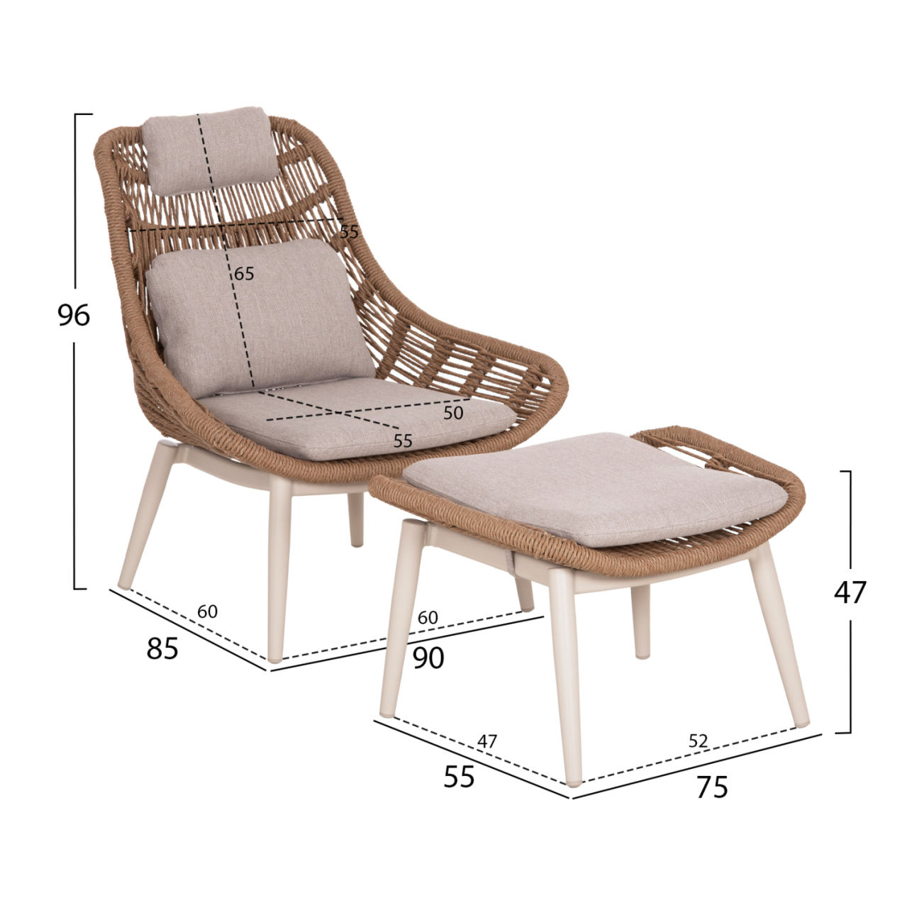 LOUNGE CHAIR WITH FOOTREST REMVAZZO HM6561.02 ALUMINUM IN BEIGE--WICKER 90x85x96Hcm. [2]