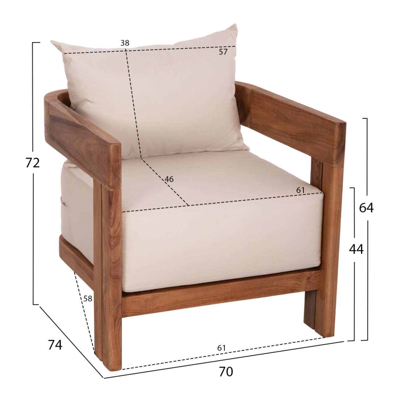 LOUNGE SET KIOTO HM10960 COFFEE TABLE and 2 LOUNGE ARMCHAIRS--TEAK WOOD-BEIGE CUSHIONS [3]