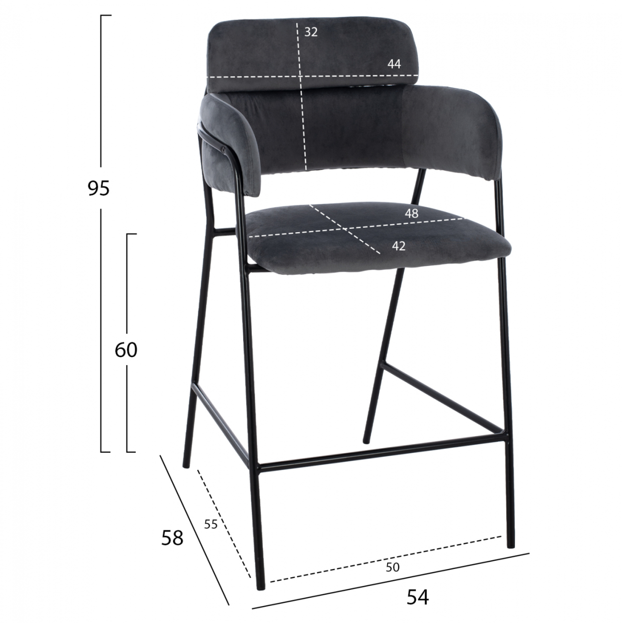 MEDIUM HEIGHT STOOL HM8735.01 GRAY VELVET WITH METAL FRAME 54x58x95Y cm. [2]