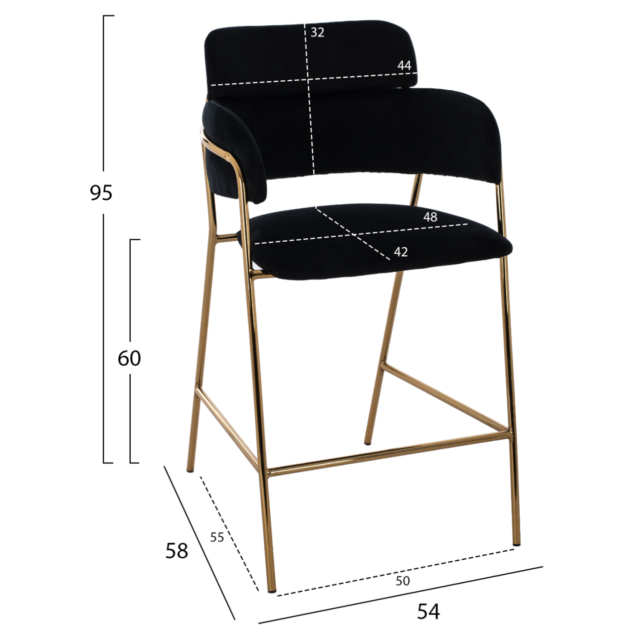 MEDIUM HEIGHT STOOL HM8735.04 VELVET BLACK GOLD PLATED FRAME 54x58x95Y cm. [2]