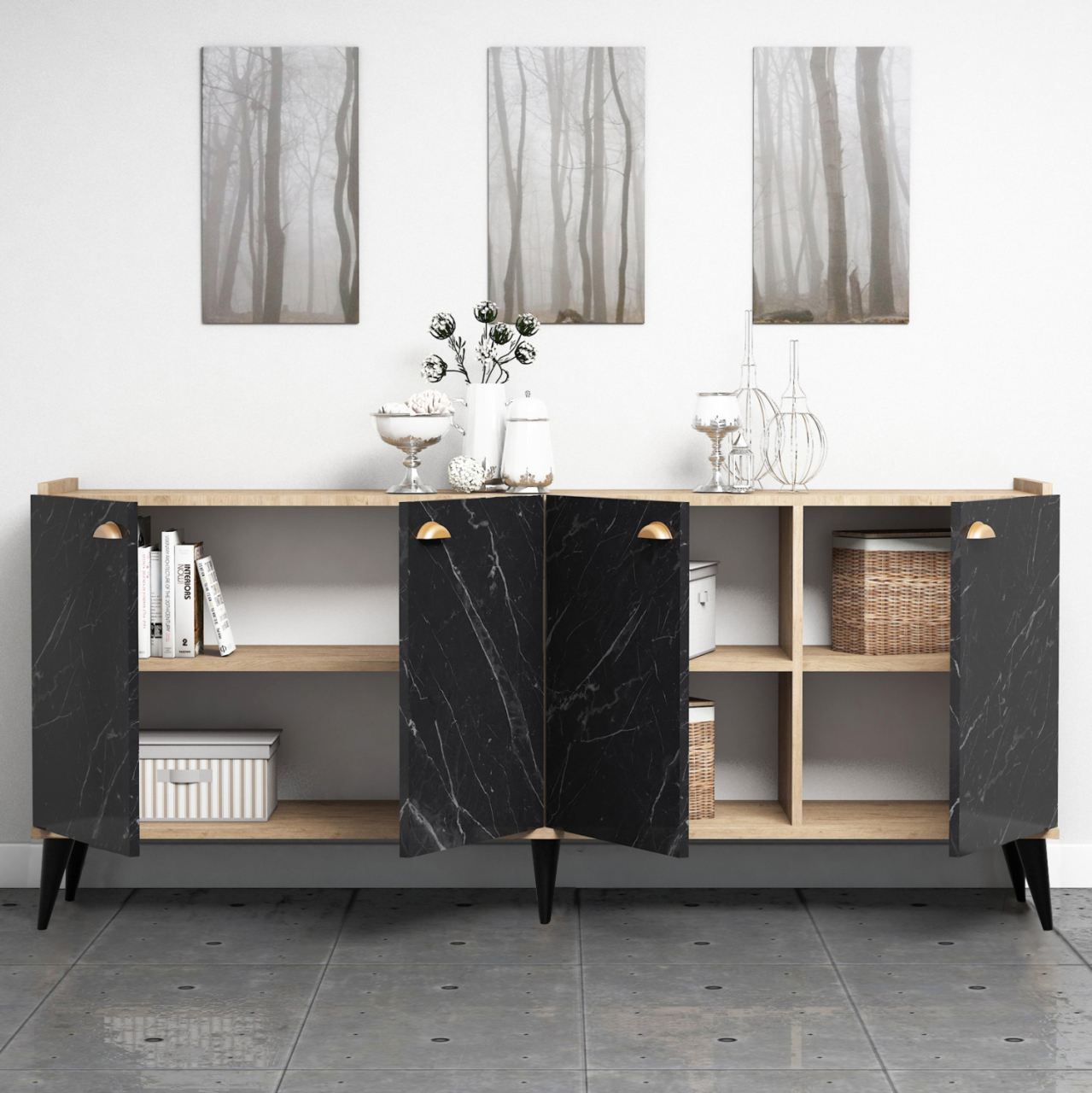 MELAMINE BUFFET HM9045.01 NATURAL WOOD SHADE - BLACK MARBLE LOOK 180x41x77,8Y cm. [3]