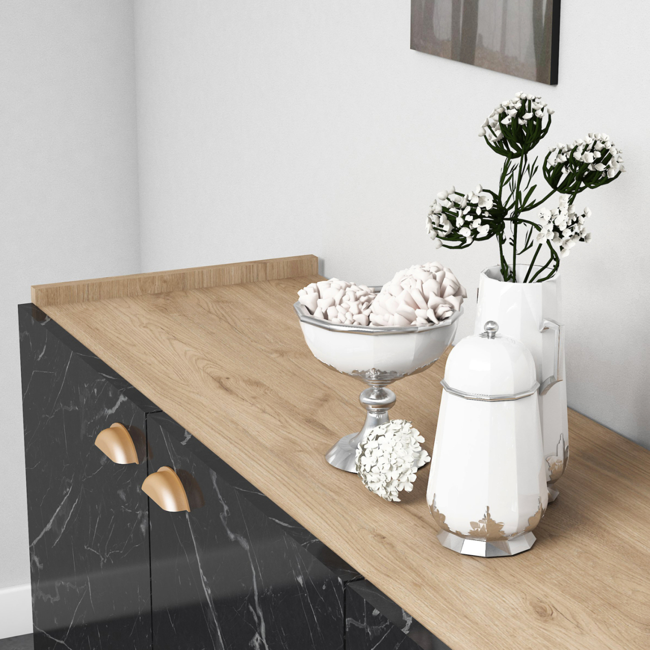 MELAMINE BUFFET HM9045.01 NATURAL WOOD SHADE - BLACK MARBLE LOOK 180x41x77,8Y cm. [4]