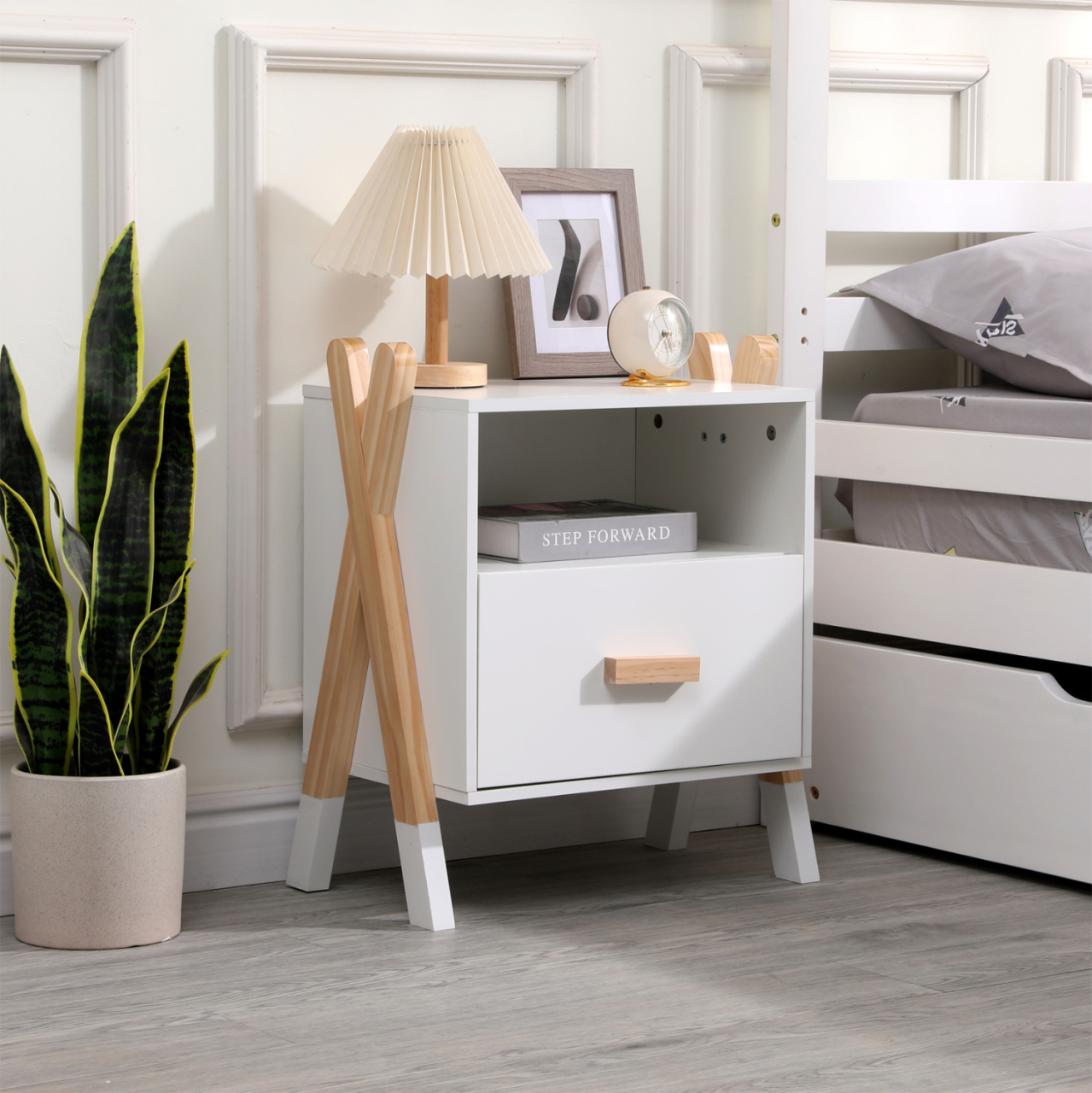 NIGHTSTAND PASCHAL HM2488.03 WHITE MELAMINE-PINE WOOD IN NATURAL COLOR 46x30x55Hcm. [2]