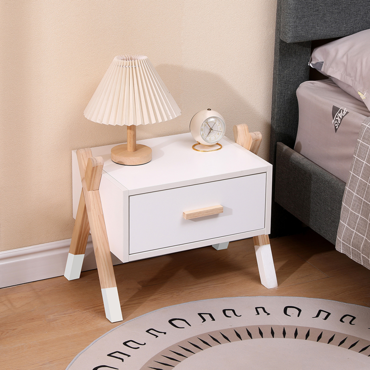 NIGHTSTAND PASCHAL HM2497.03 WHITE MELAMINE-PINE WOOD IN NATURAL COLOR 46x30x38Hcm. [2]